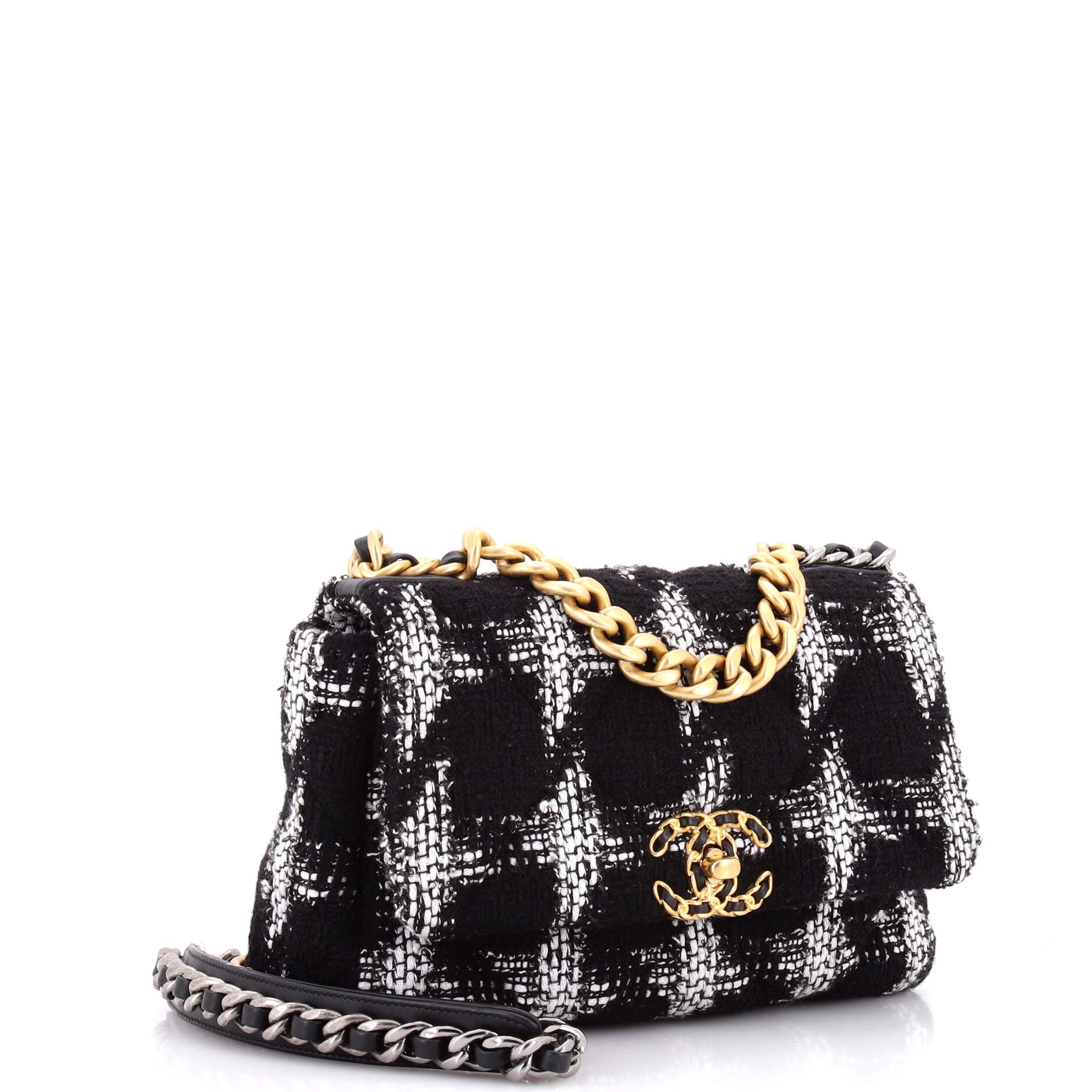 19 Flap Bag Quilted Houndstooth Tweed and Ribbon Medium