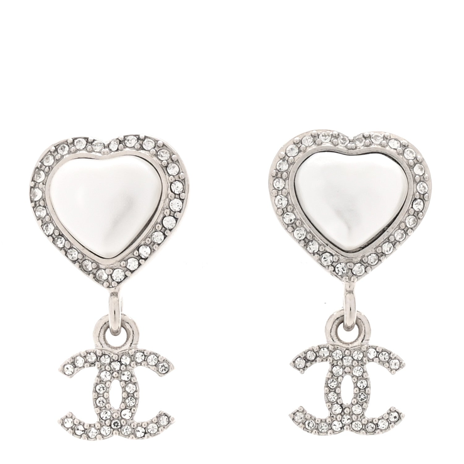 Pearl Crystal CC Heart Drop Earrings Silver