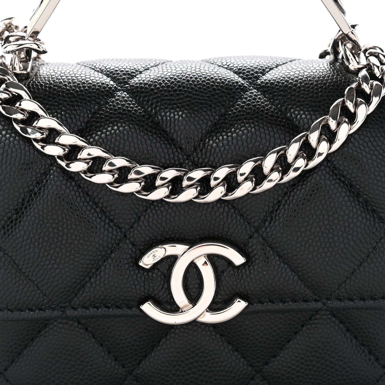 Caviar Quilted Enamel Top Handle Flap Clutch With Chain Black
