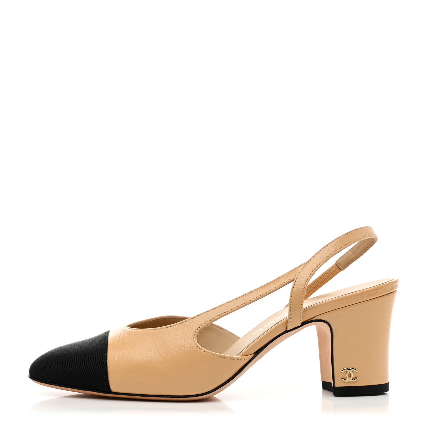 Goatskin Grosgrain Cap Toe CC Slingback Pumps 36.5 Beige Black