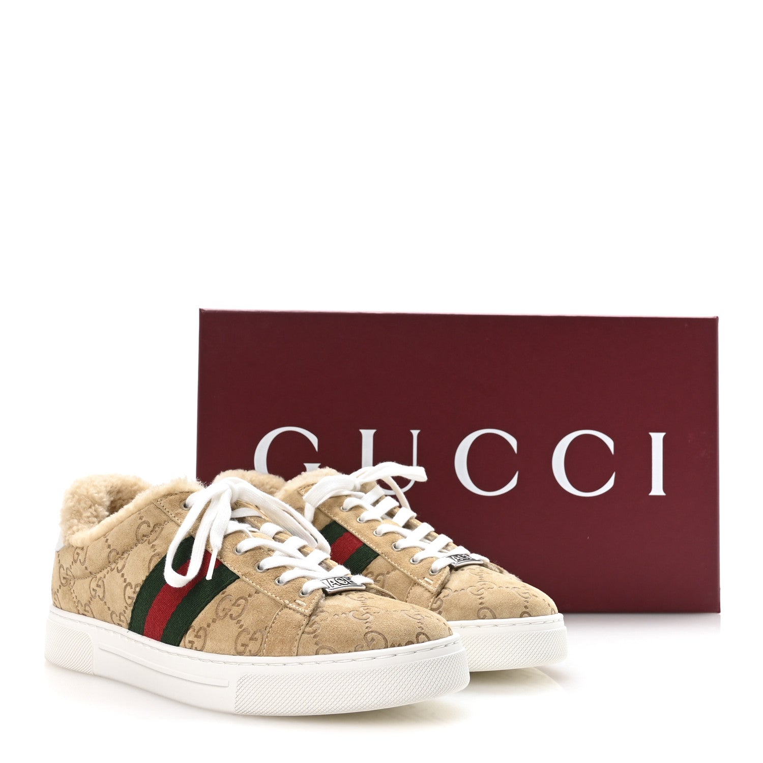 Suede Shearling Prestige GG Monogram Web Womens Ace Sneakers 37.5 Beige White Multicolor Mystic White