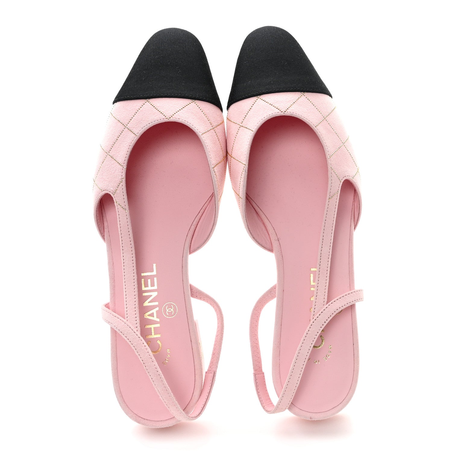 Suede Crystal Grosgrain Cap Toe CC Slingback Flats 37 Pink Gold Black