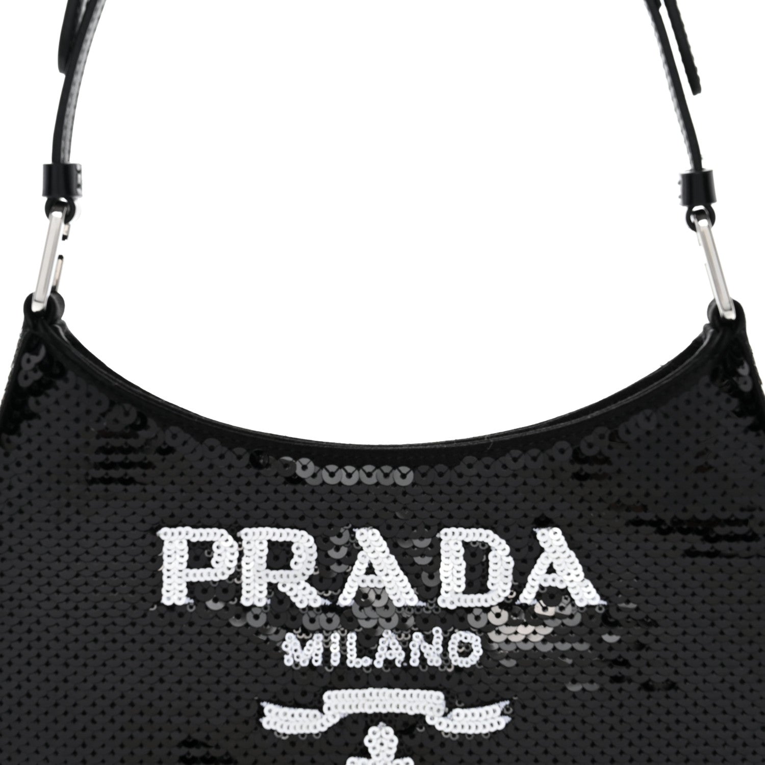 Paillettes Sequin Logo Cleo Adjustable Strap Shoulder Bag Black White