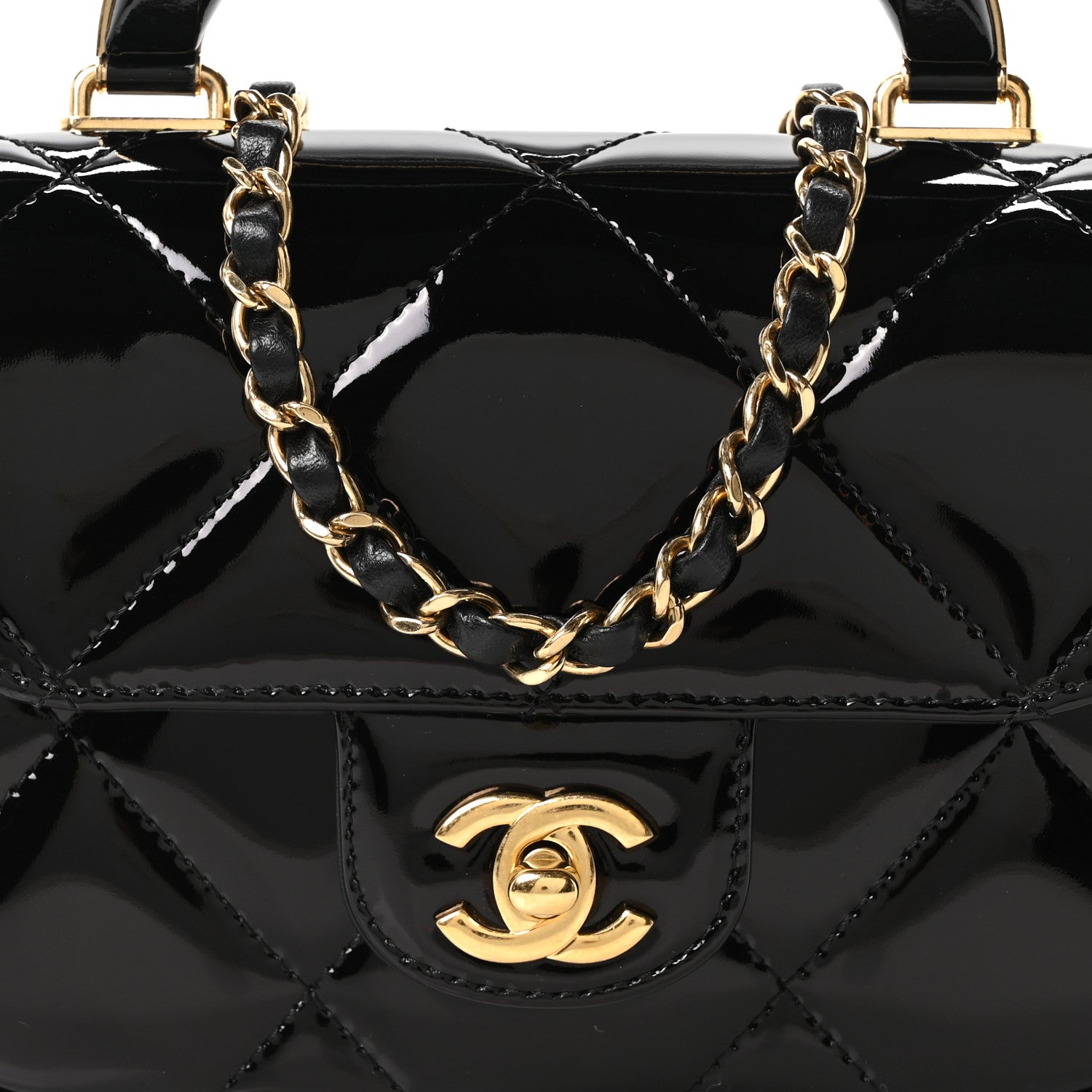 Metallic Mirror Calfskin Mini Top Handle Clutch With Chain  Black