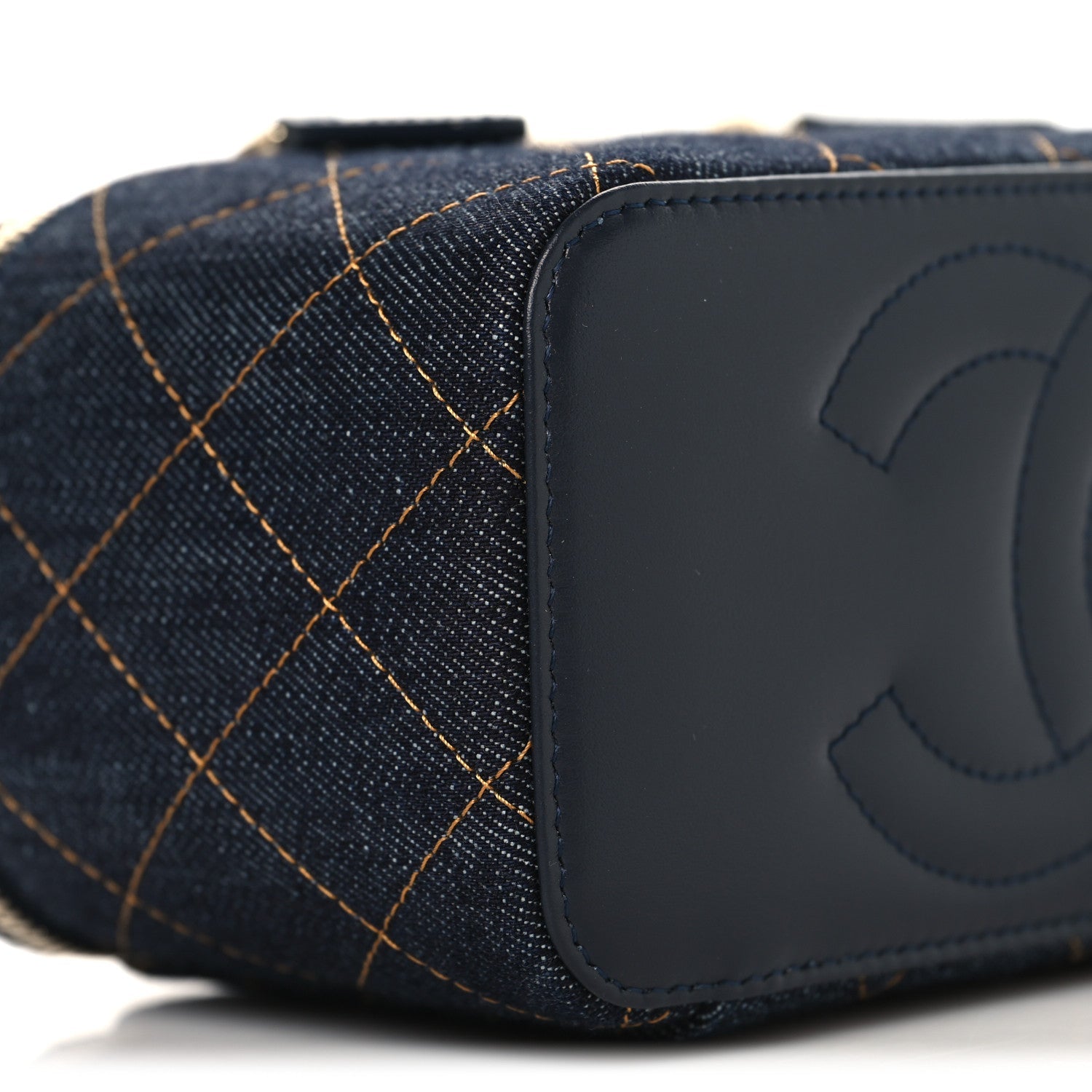 Denim Quilted Vanity Case With Chain Dark Blue