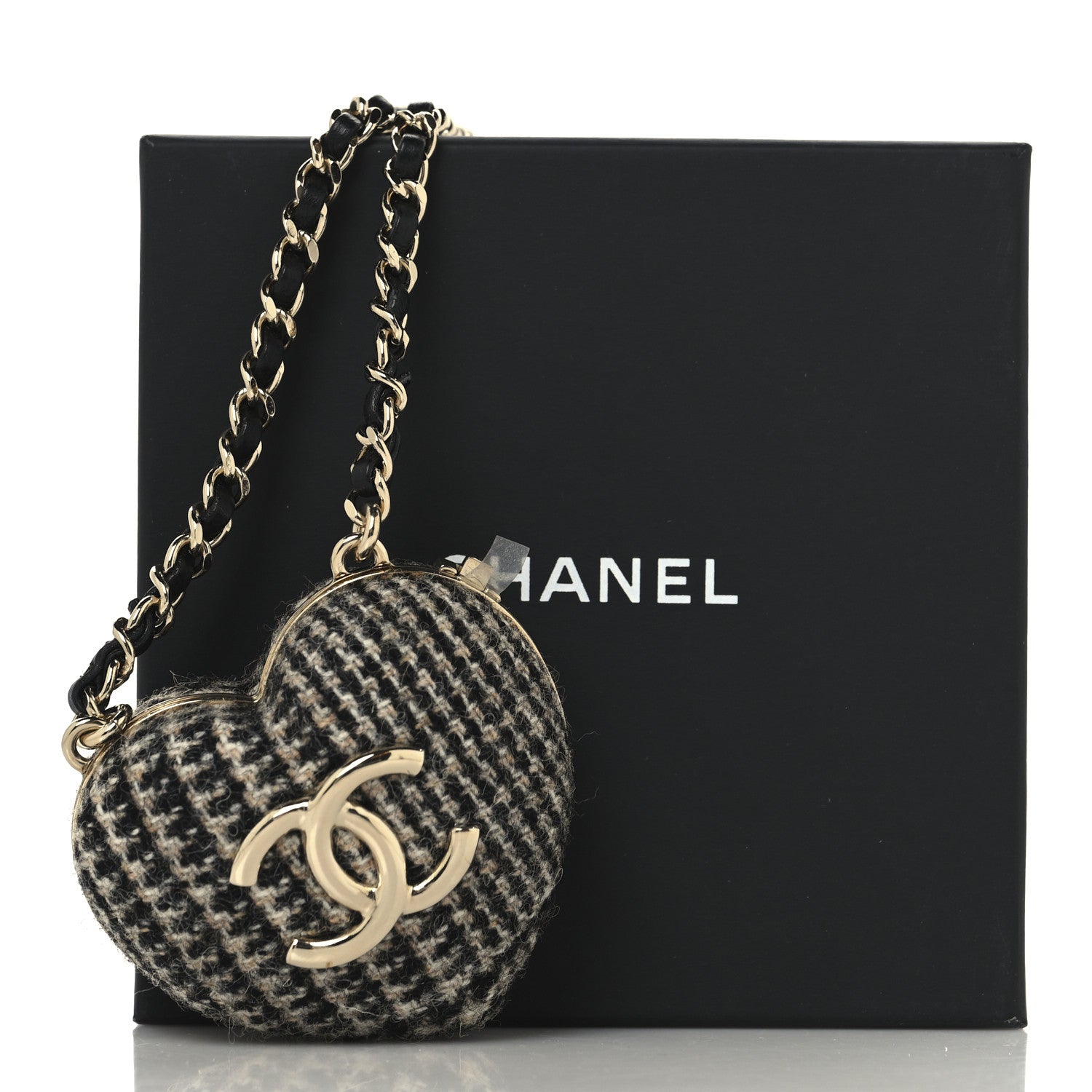 Tweed Lambskin CC Heart Locket Necklace Gold Black Beige