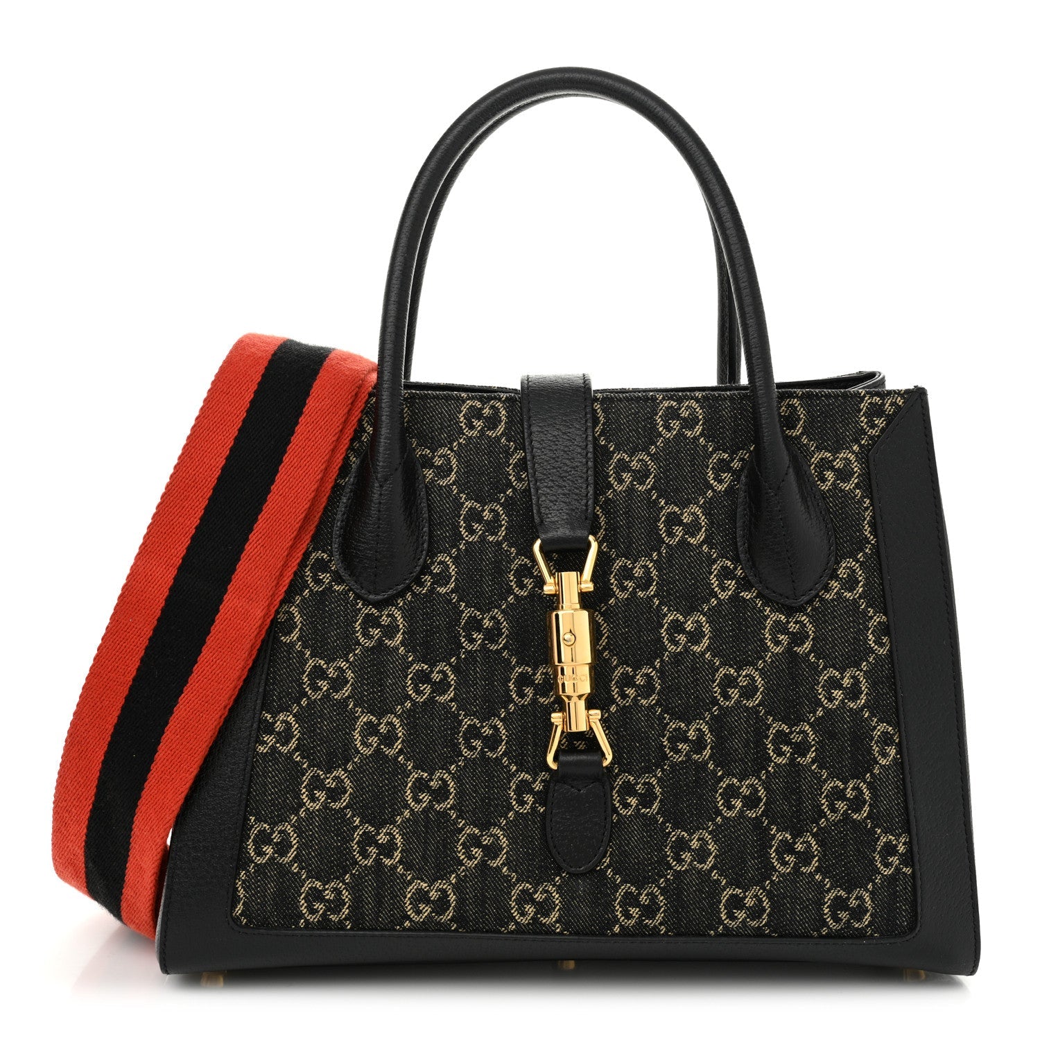Jacquard Black Denim GG Monogram Textured Dollar Calfskin Medium Jackie 1961 Tote Black Ivory