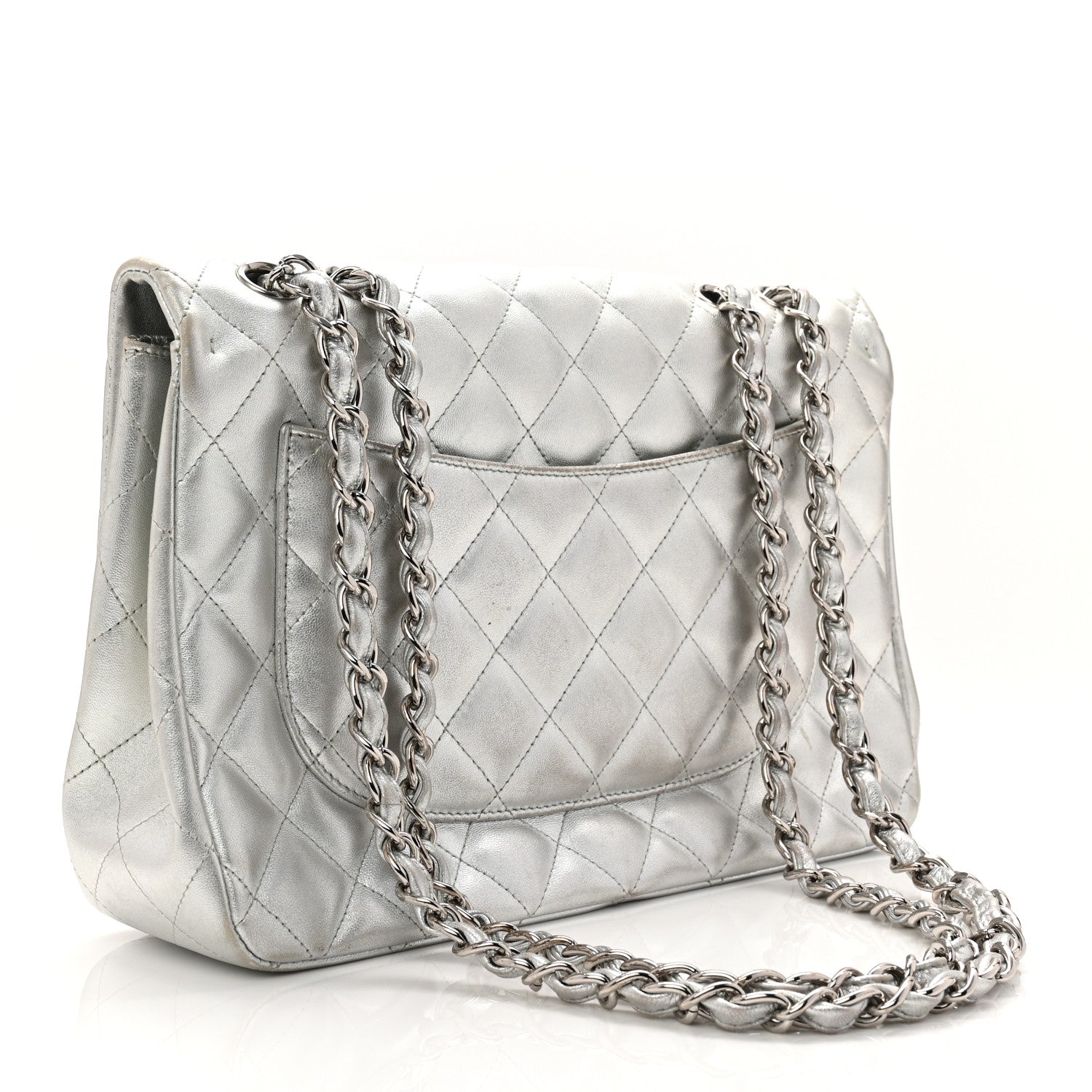 Metallic Lambskin Quilted Jumbo Single Flap Silver