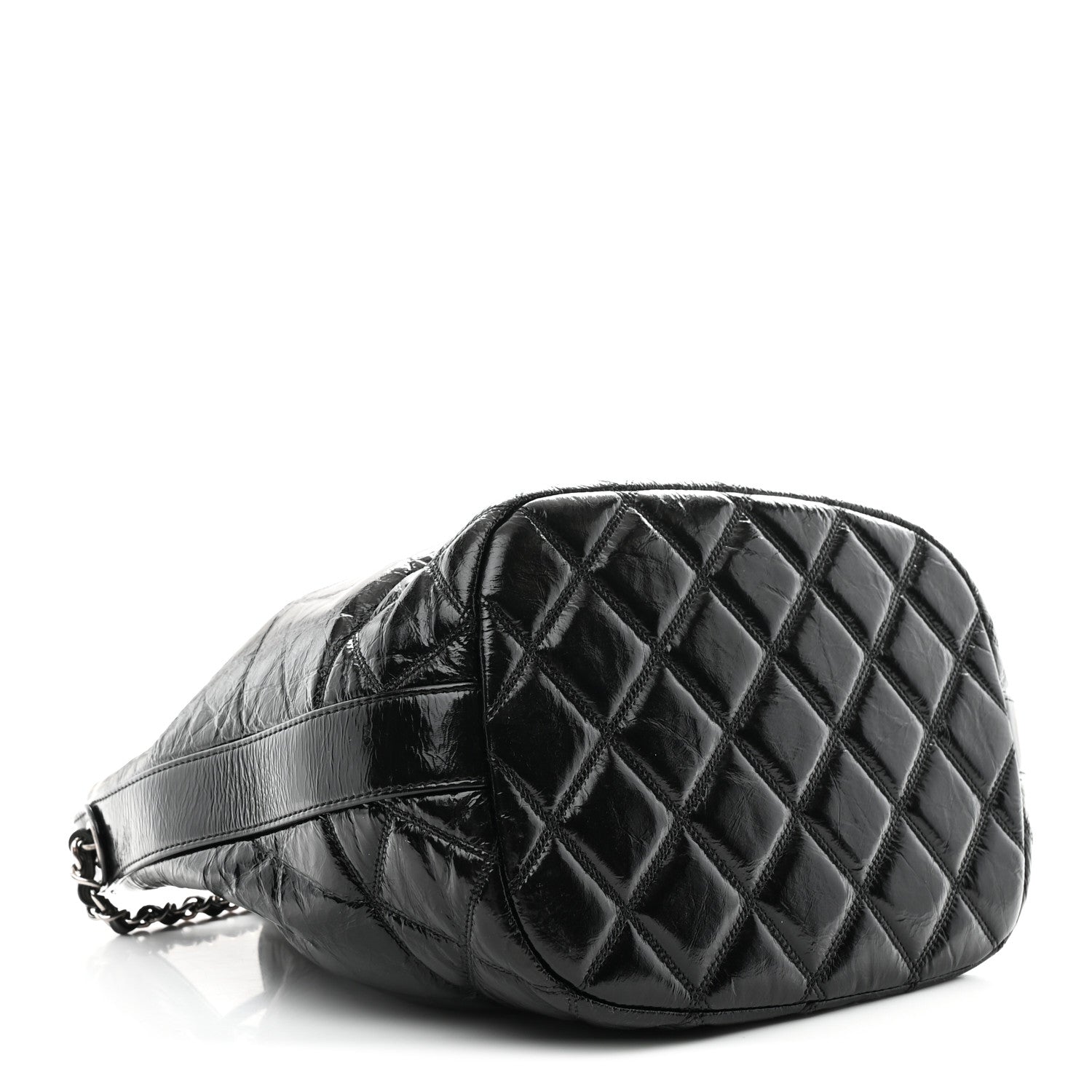 Shiny Aged Calfskin CC Chain Drawstring Bag Black