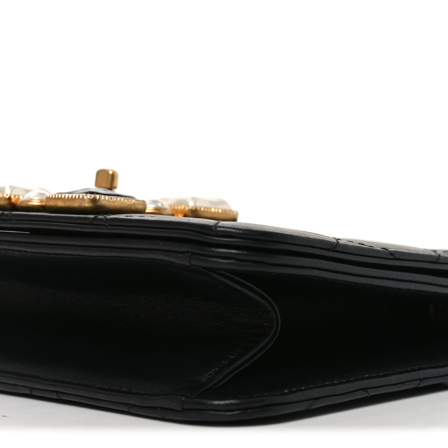 Calfskin Quilted Crystal Pearl Small Flap Bag Black