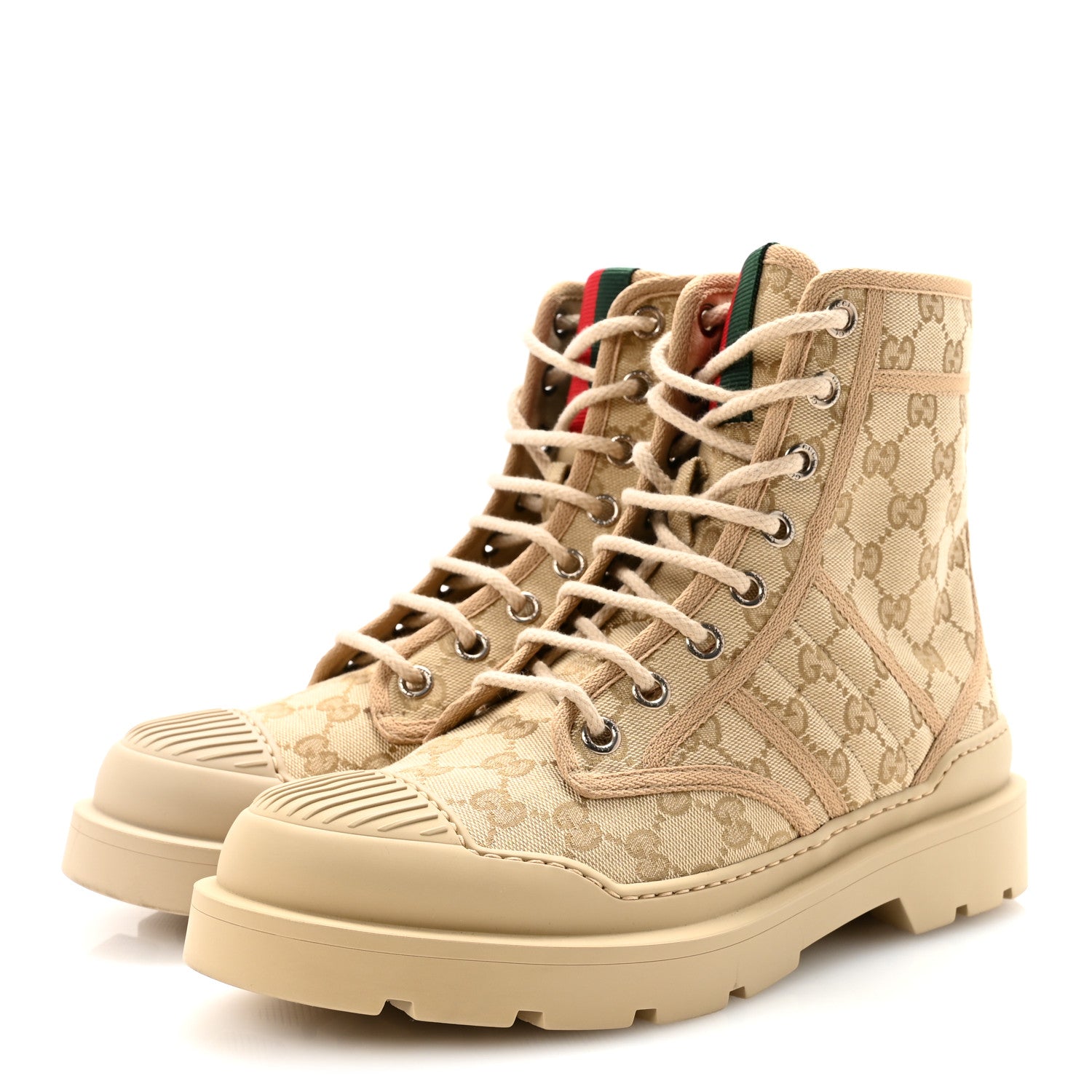 GG Monogram Web Mens Lug Sole Ankle Boots 7.5 New Sand