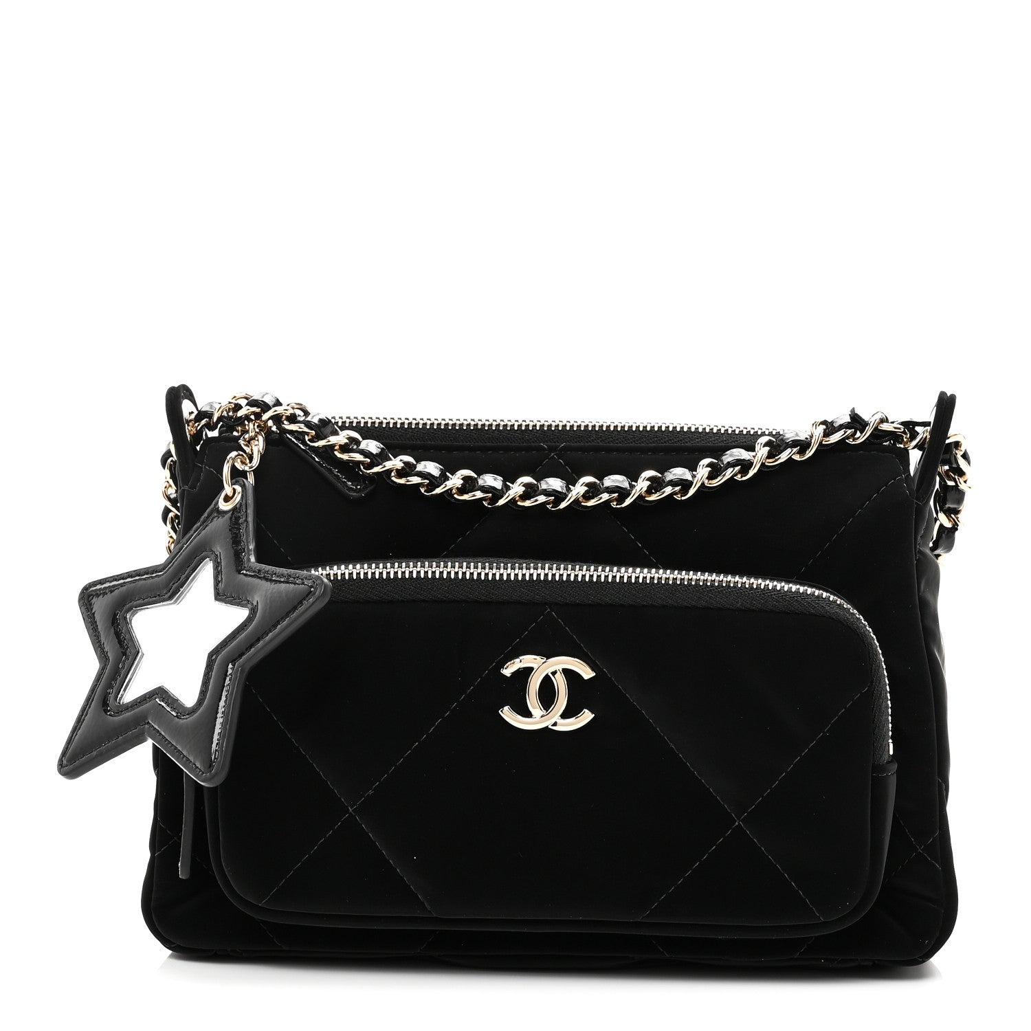 Velvet Effect Nylon Shiny Crumpled Calfskin Quilted Chanel 25 Clutch With Chain Black