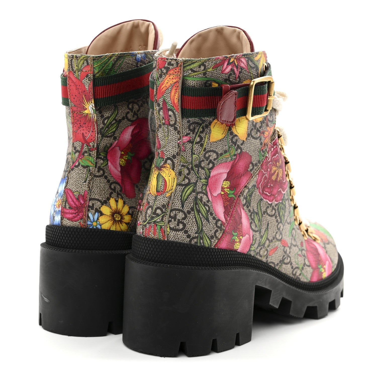GG Supreme Monogram Flora Lace Up Combat Ankle Boots 37.5 Beige Multicolor Red