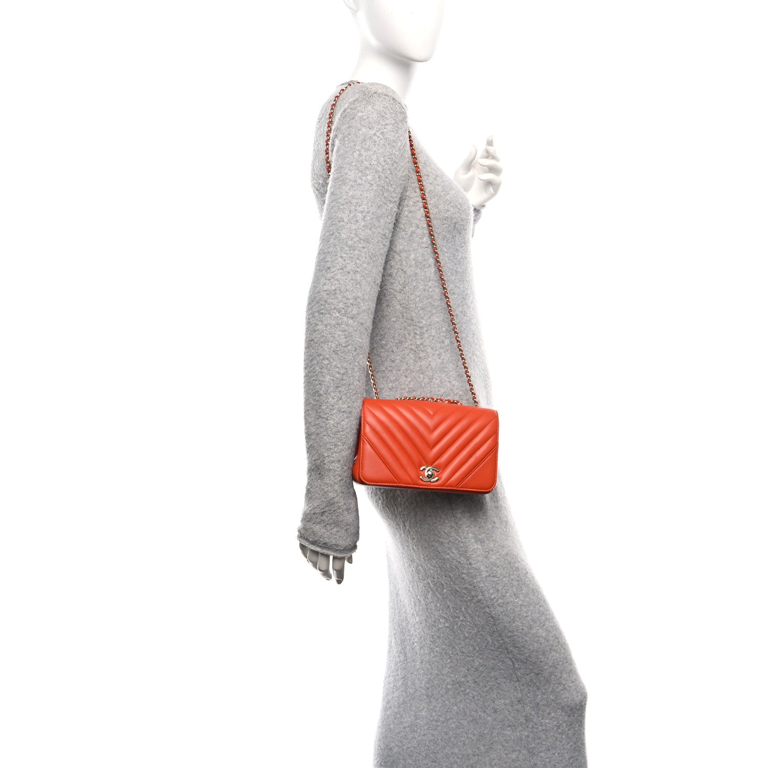 Calfskin Chevron Quilted Mini Statement Flap Dark Orange