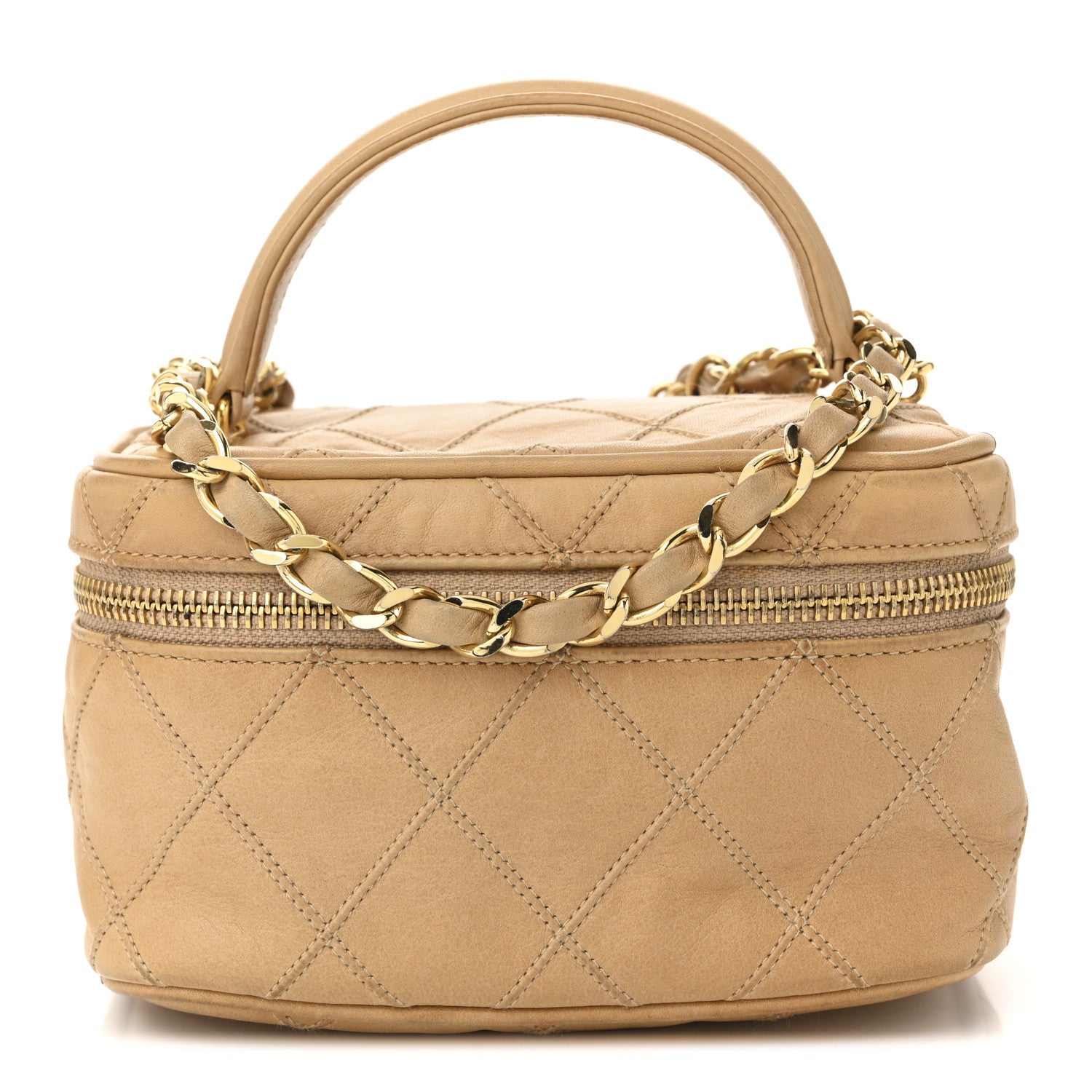 Lambskin Diamond Stitched Vanity Case With Chain Beige