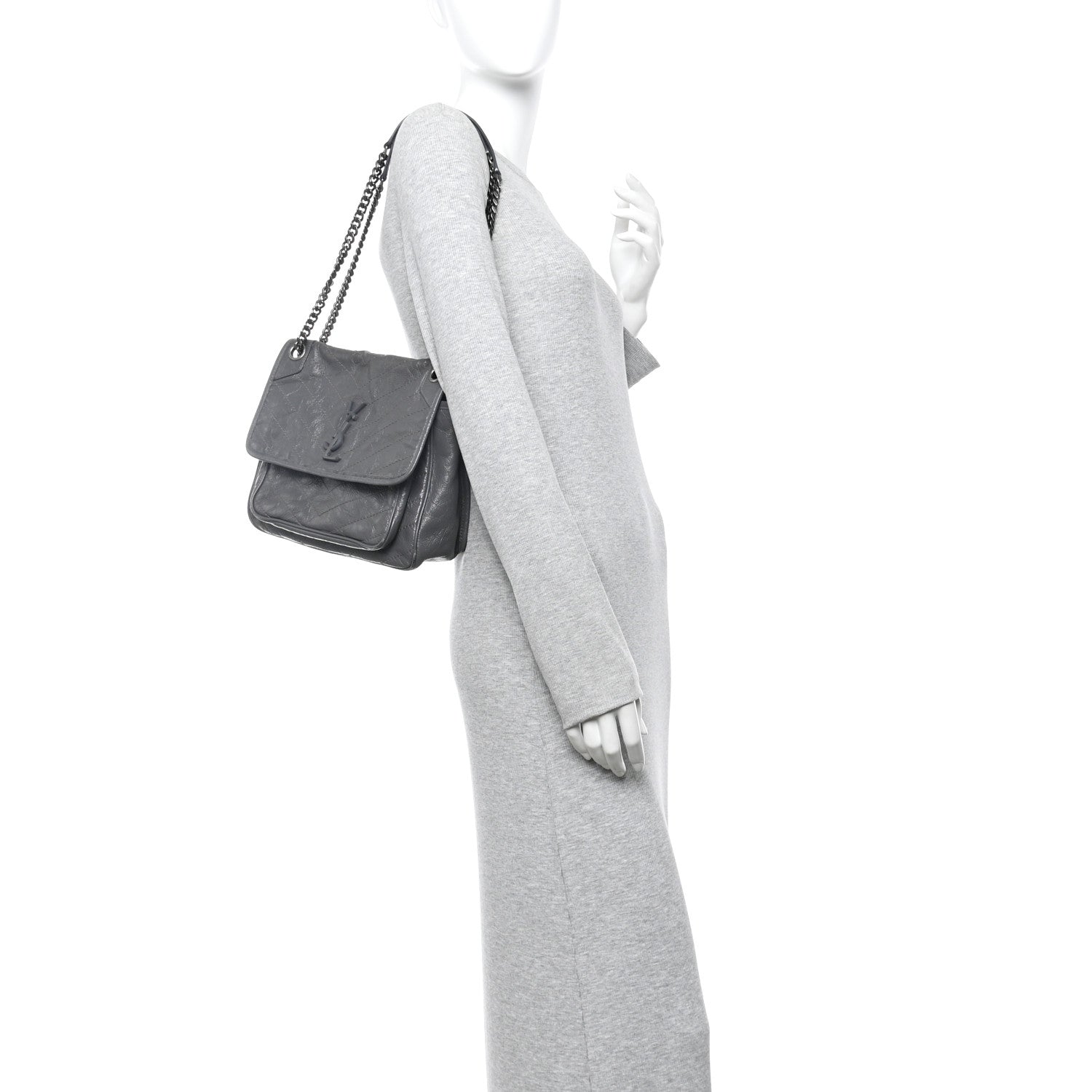 Crinkled Calfskin Matelasse Monogram Medium Niki Chain Satchel Fog