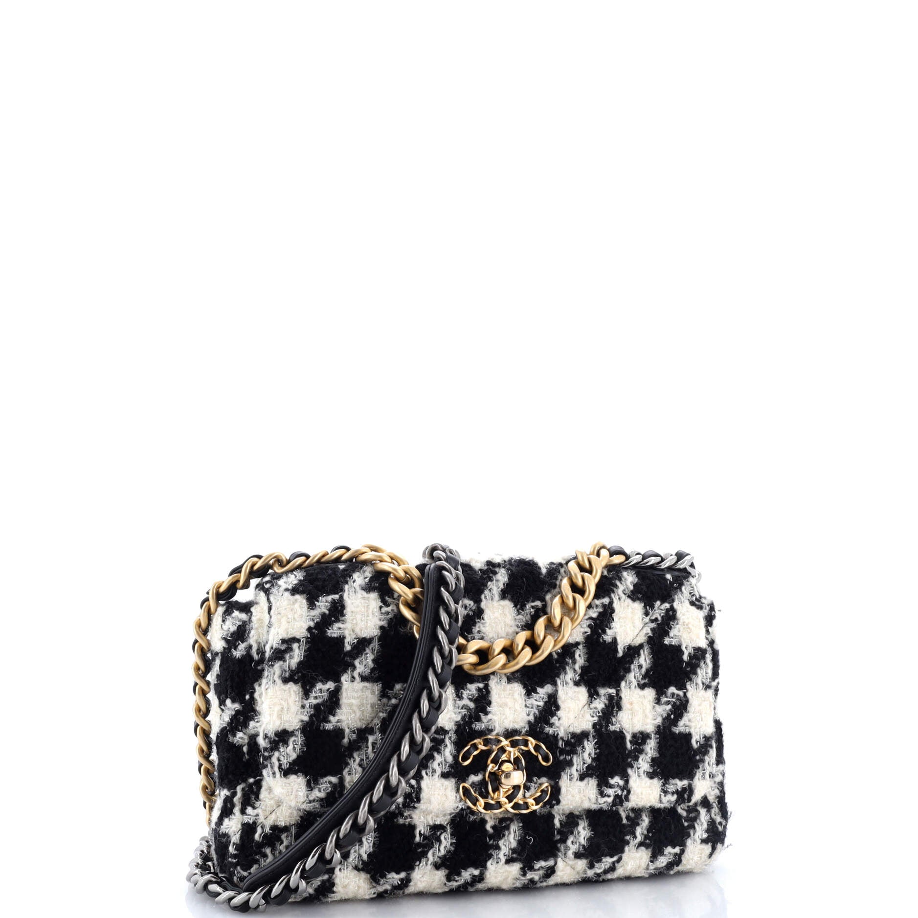 19 Flap Bag Quilted Houndstooth Tweed and Ribbon Medium