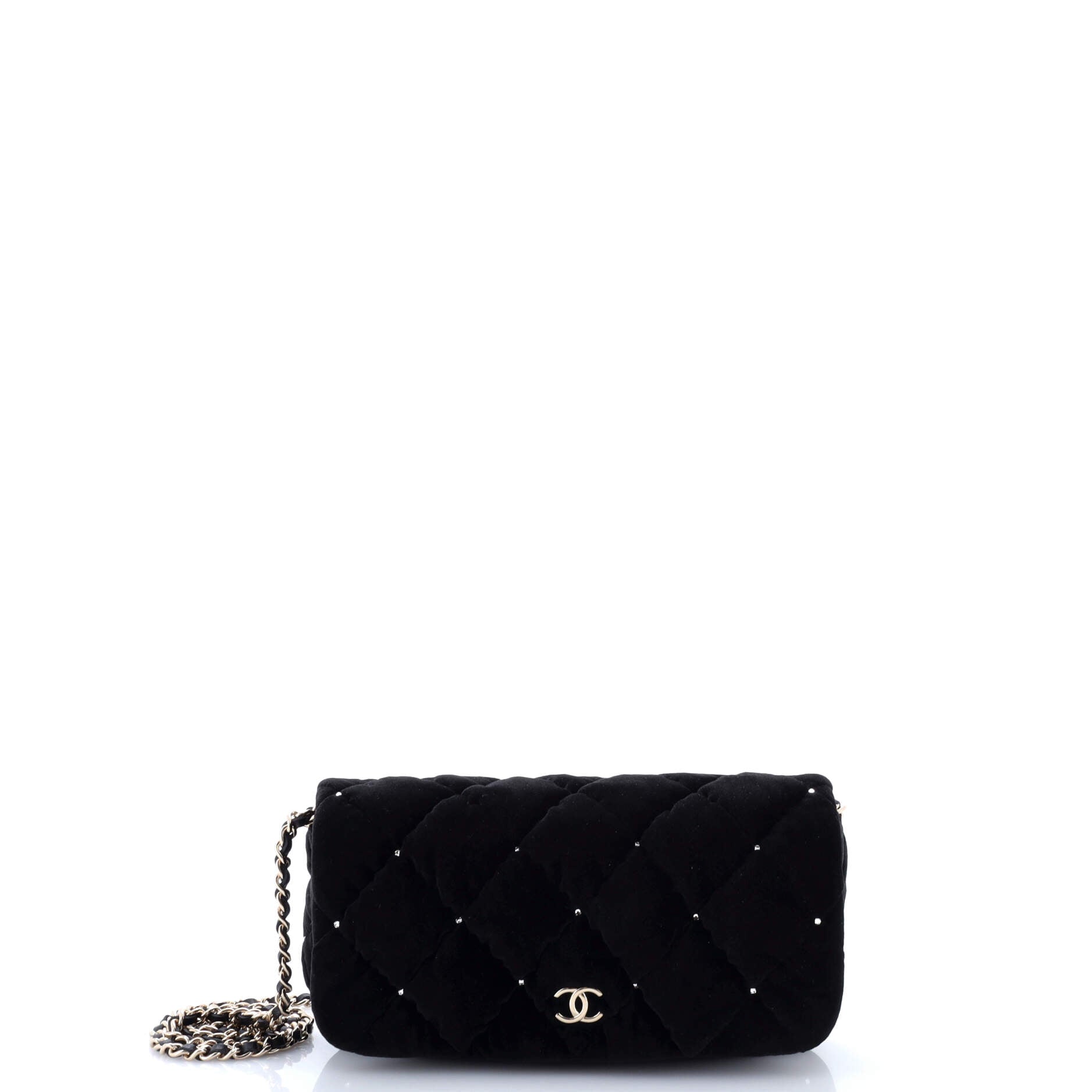 CC Chain Flap Bag Crystal Embellished Quilted Velvet Small