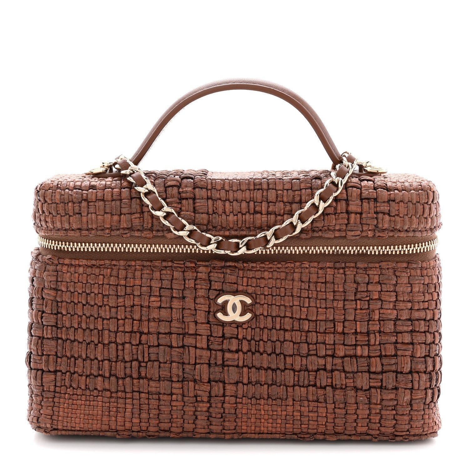 Braided Raffia Quilted Top Handle Slim Vanity With Chain Brown