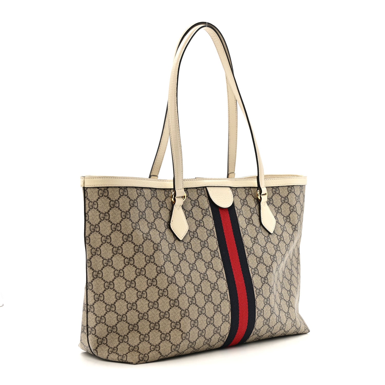 GG Supreme Monogram Textured Dollar Calfskin Web Medium Ophidia Shopping Tote Beige Ebony Mystic White