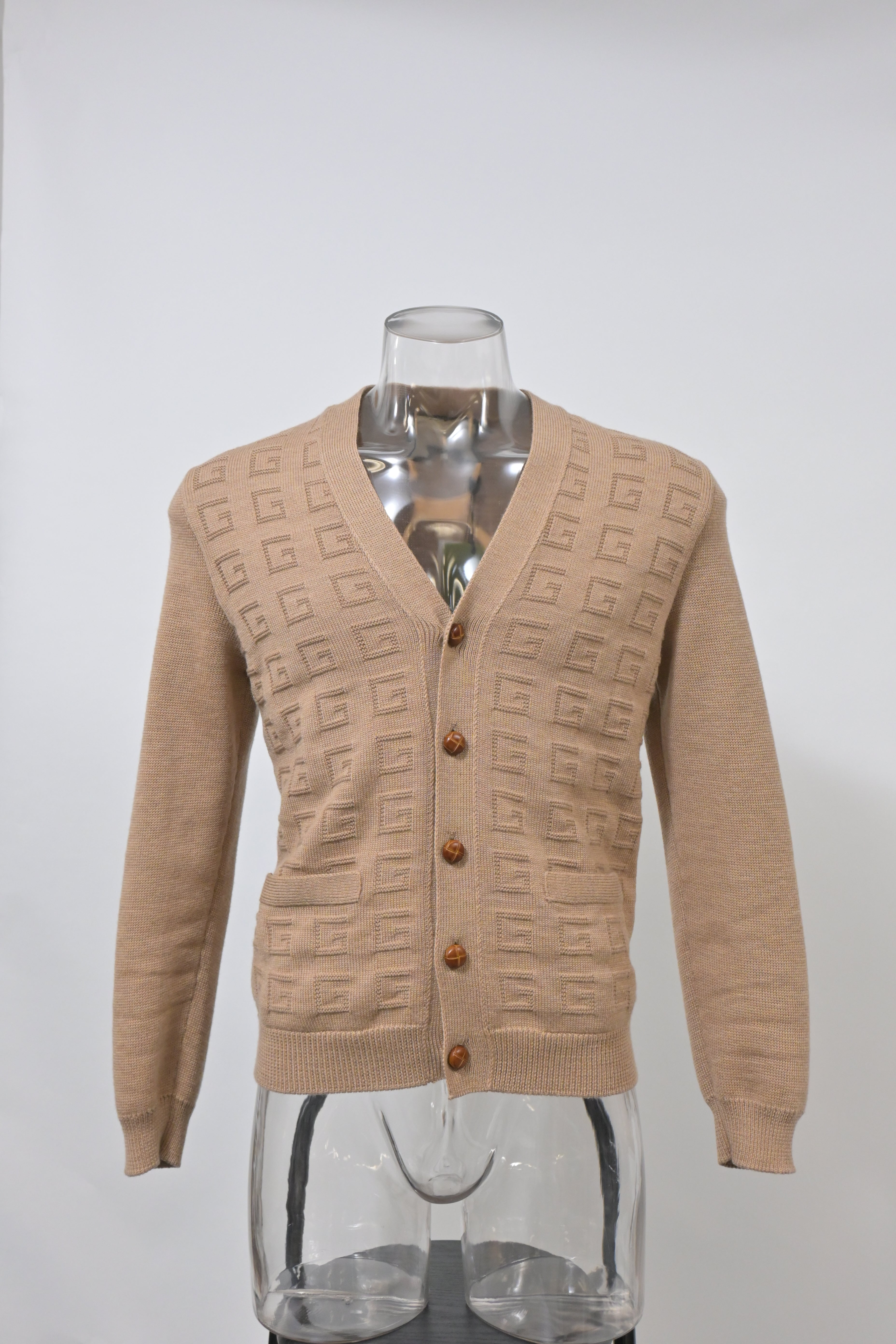 Men's Gucci V-Neck GG Pattern Cardigan in Brown Wool