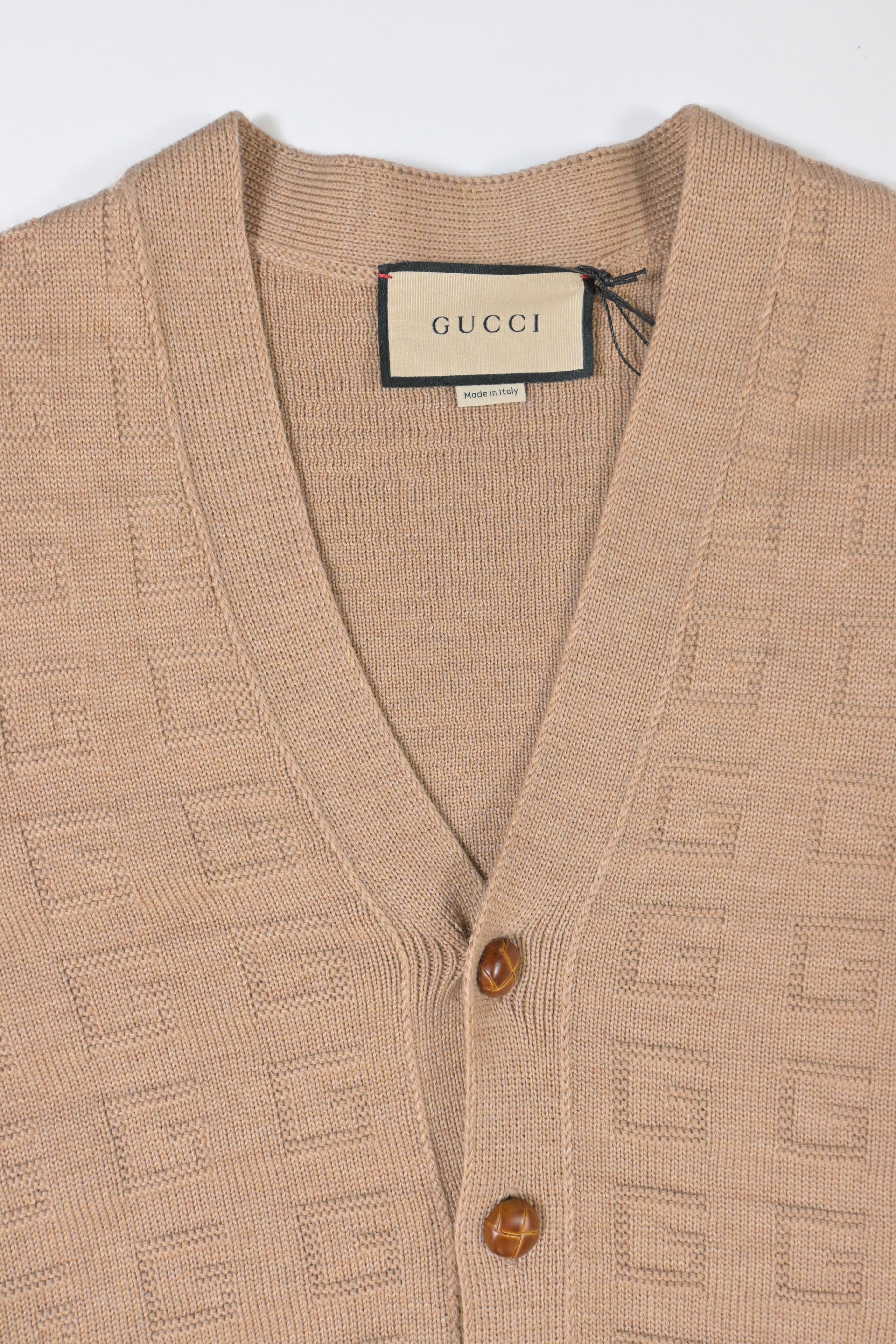 Men's Gucci V-Neck GG Pattern Cardigan in Brown Wool