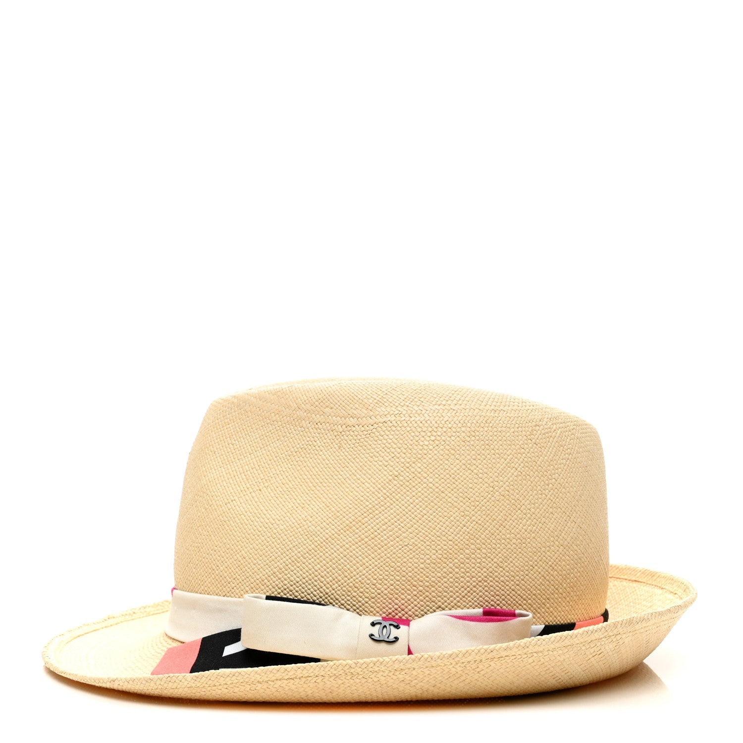 Straw Ribbon Fedora Hat M Beige Multicolor