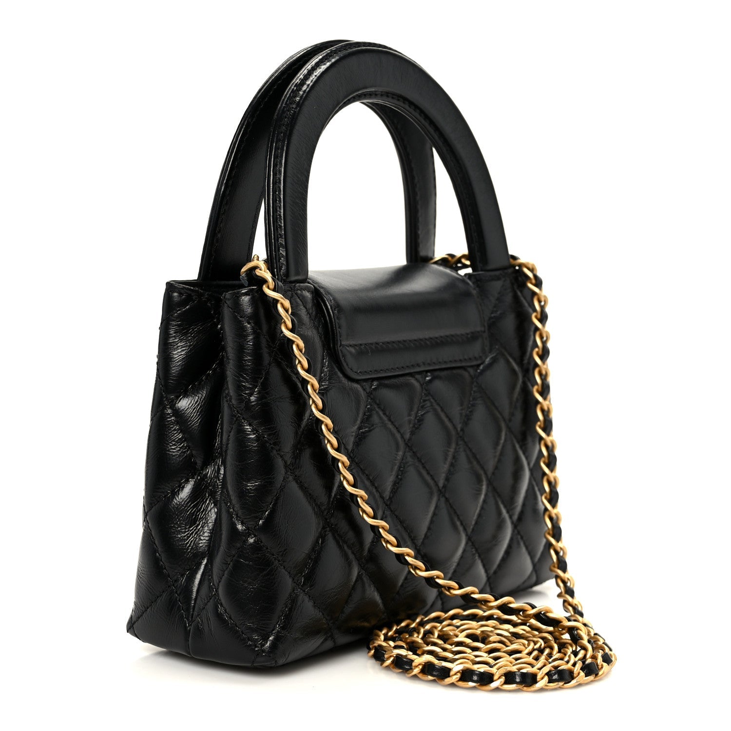 Shiny Aged Calfskin Quilted Nano Kelly Shopper Black