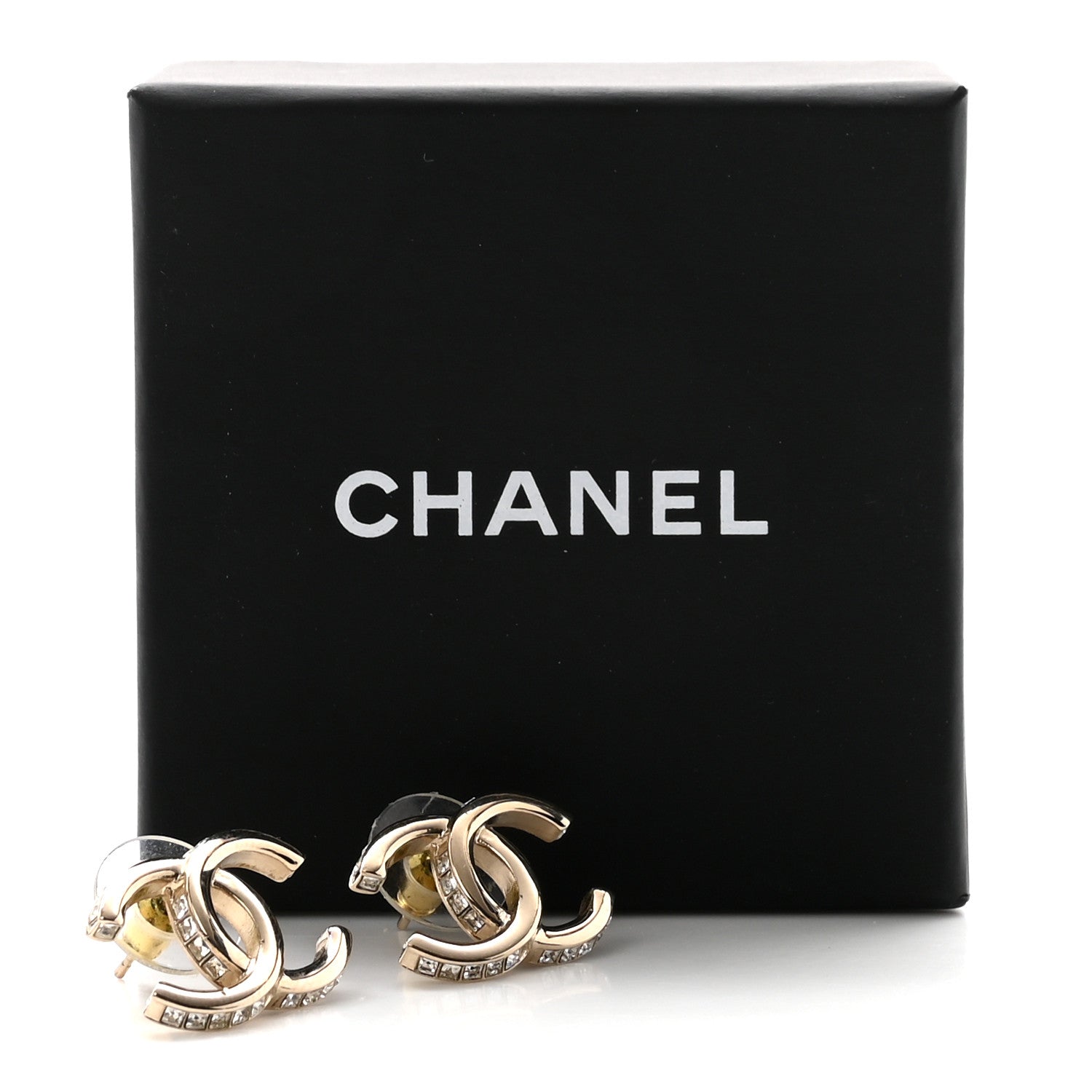 Metal Baguette Crystal CC Earrings Gold