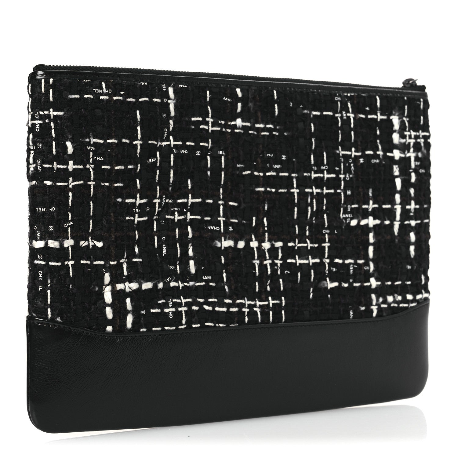 Tweed Calfskin Quilted Medium Cosmetic Pouch Black White