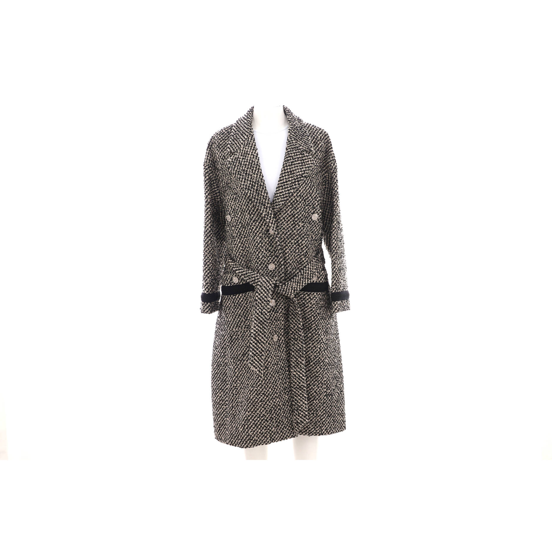 Women's Button Up Belted Long Coat Tweed