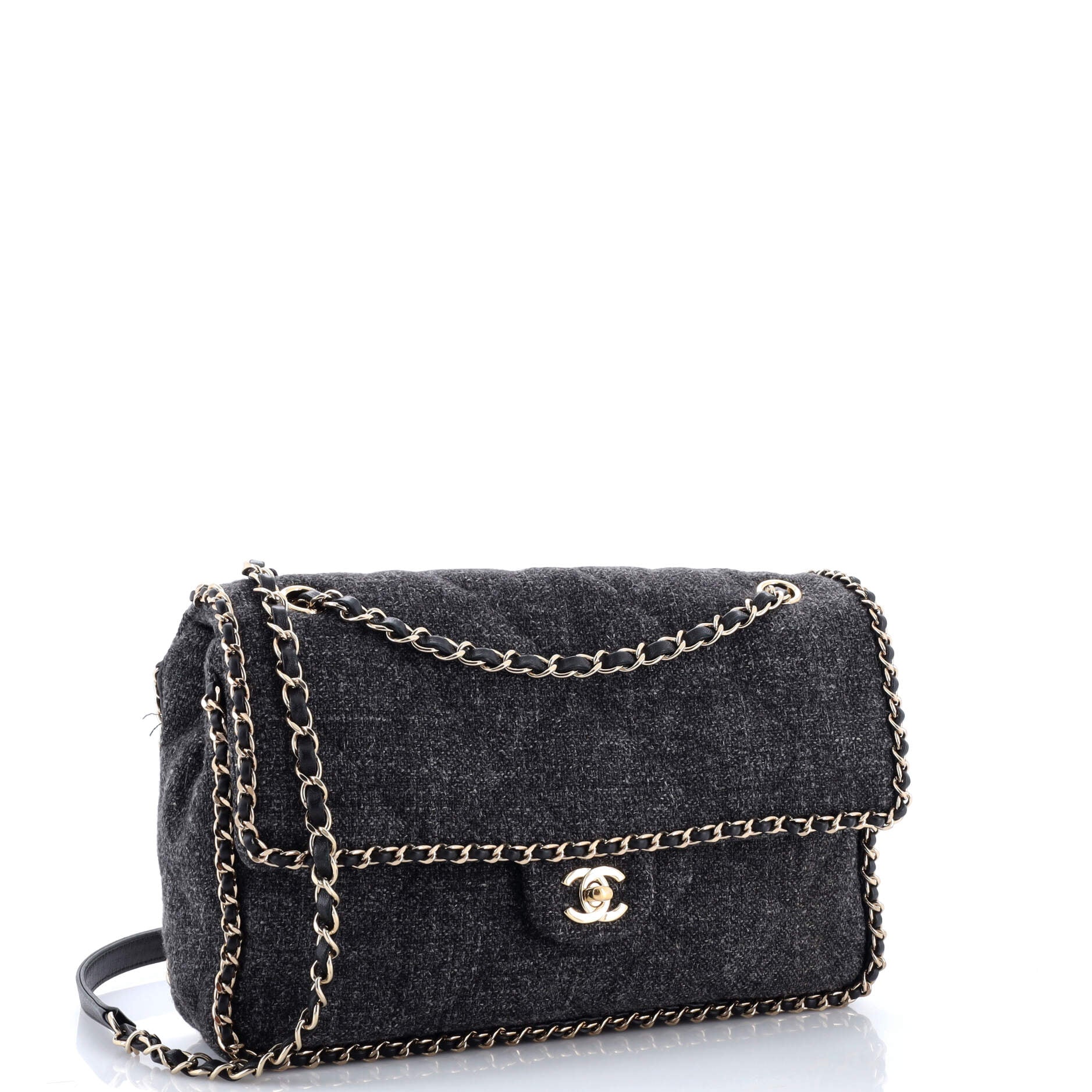 Running Chain Around Flap Bag Quilted Wool Tweed Medium