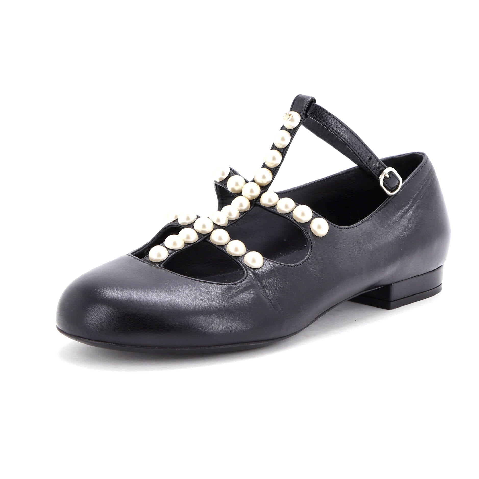 Women's Ankle Strap Mary Jane Flats Leather and Faux Pearls