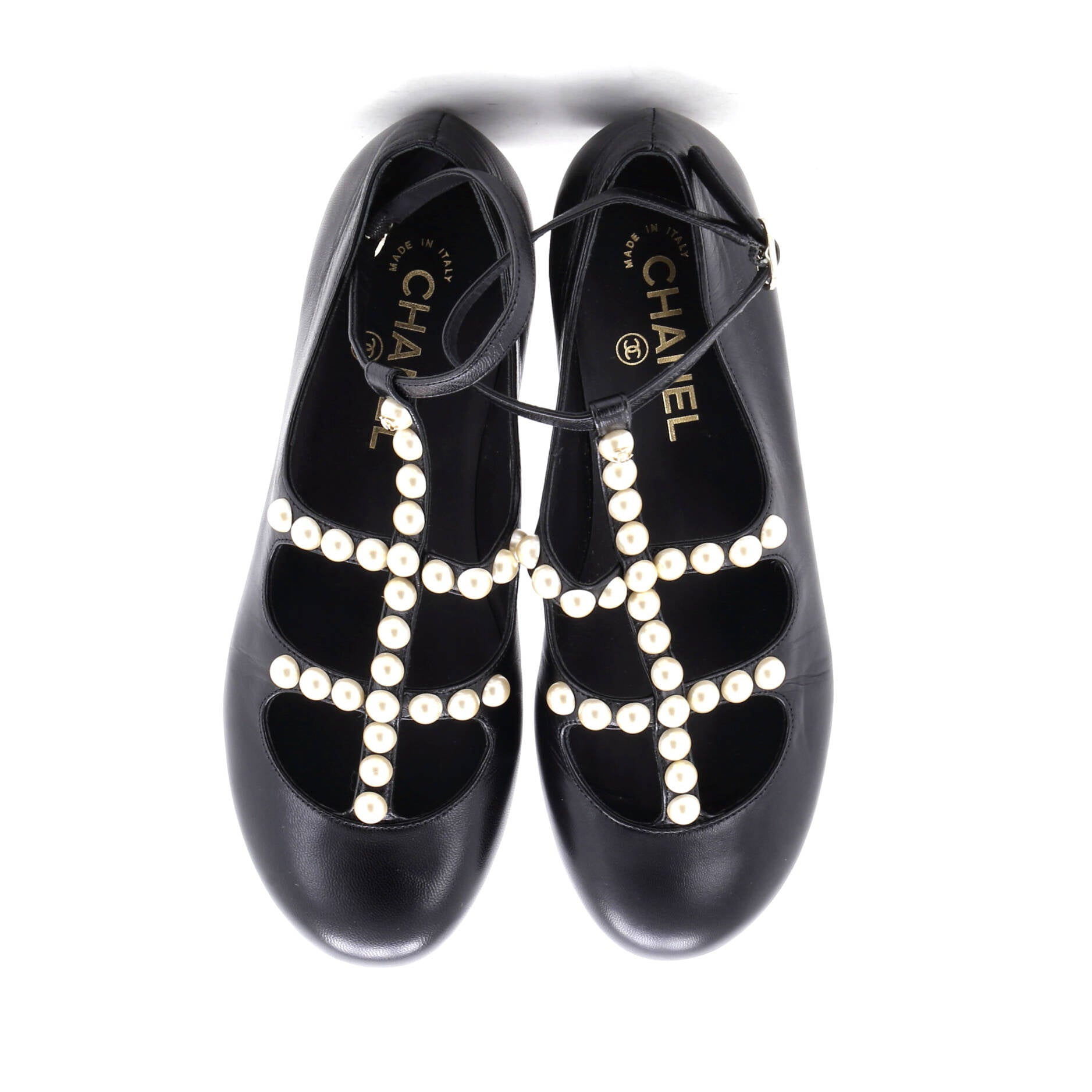 Women's Ankle Strap Mary Jane Flats Leather and Faux Pearls