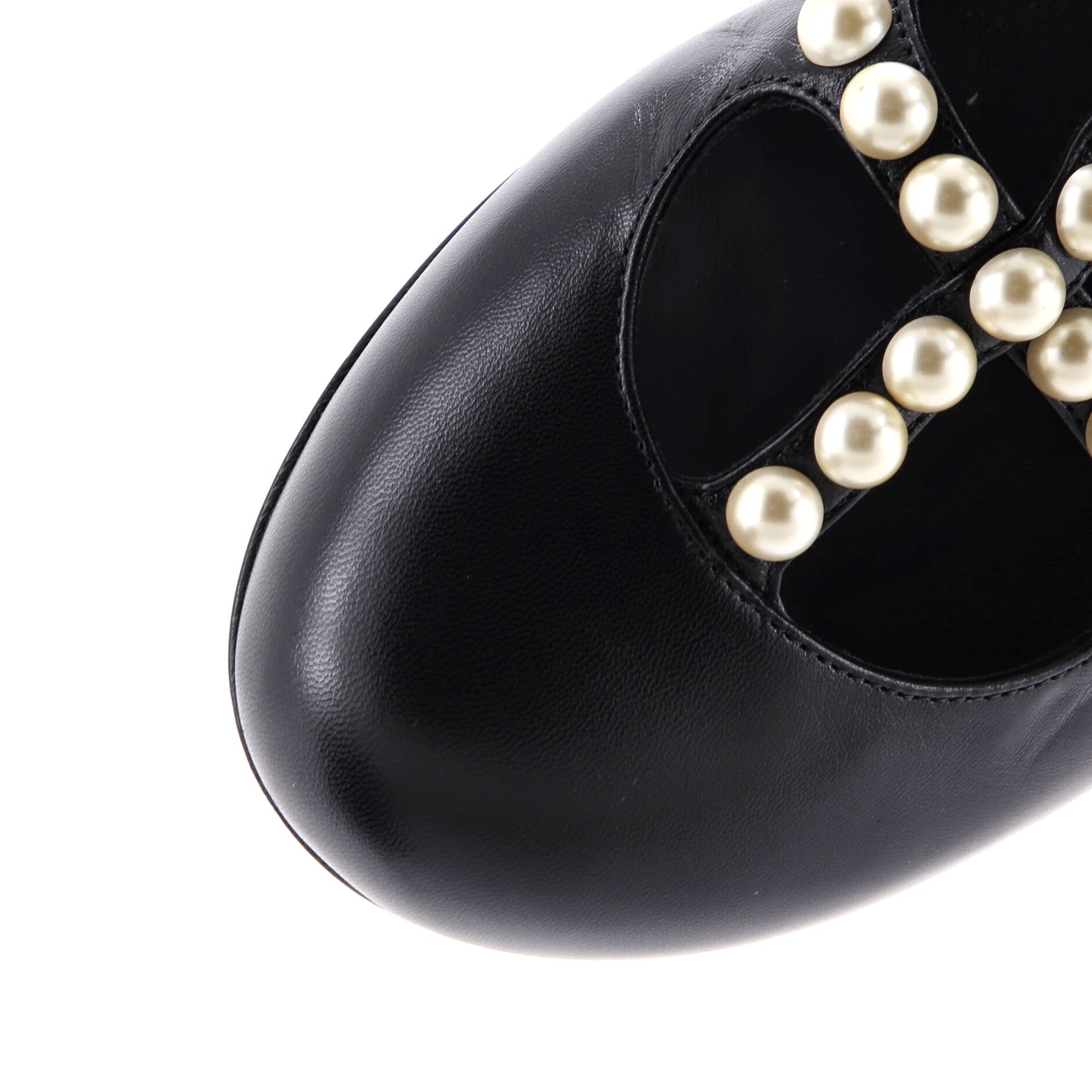 Women's Ankle Strap Mary Jane Flats Leather and Faux Pearls