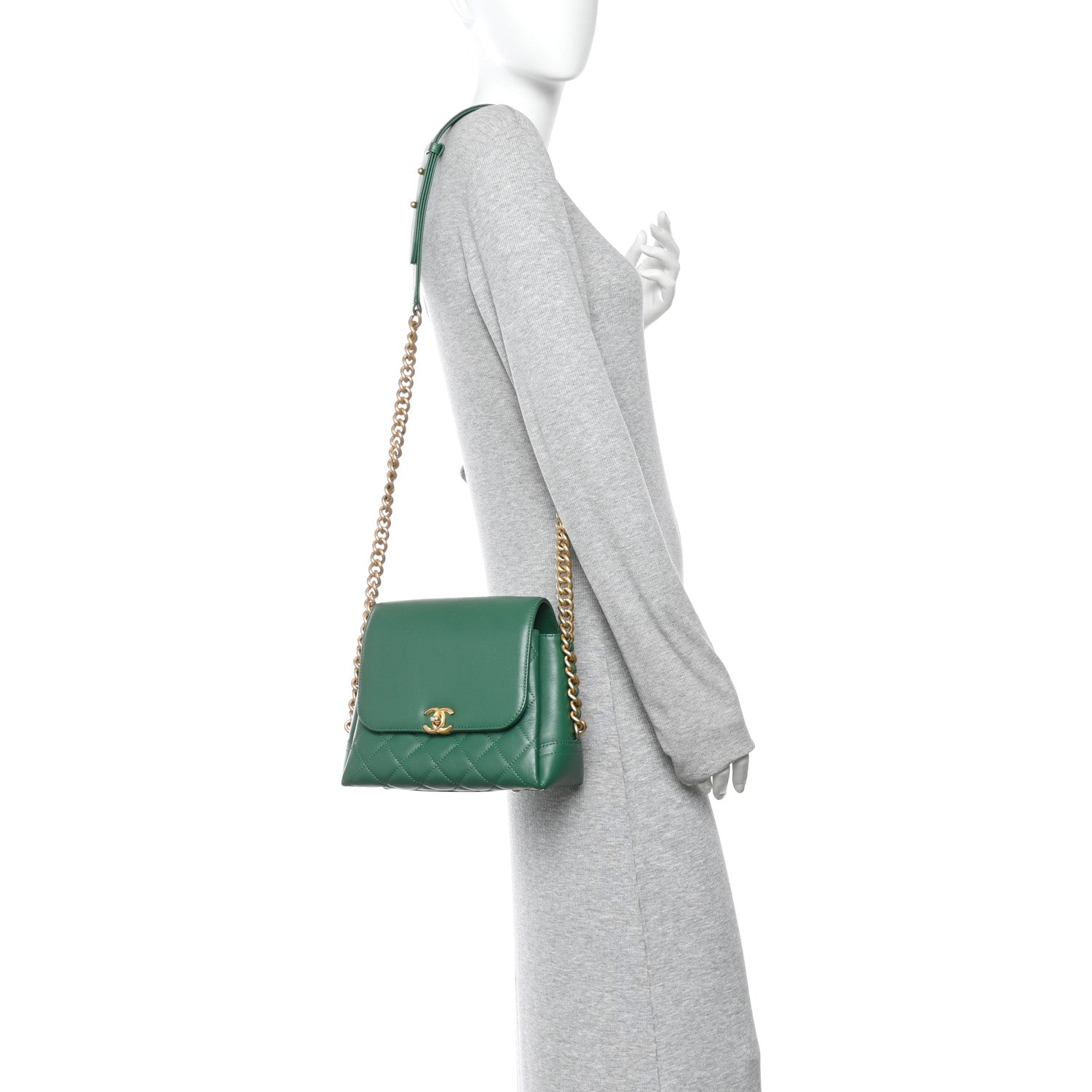 Calfskin Quilted Chain Flap Green