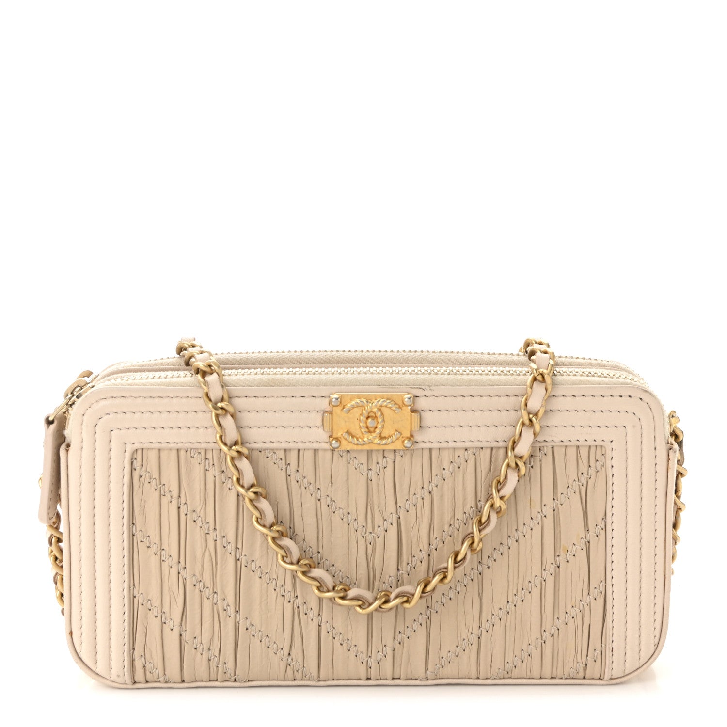 Crumpled Lambskin Chevron Quilted Pleated Small Boy Clutch With Chain Beige