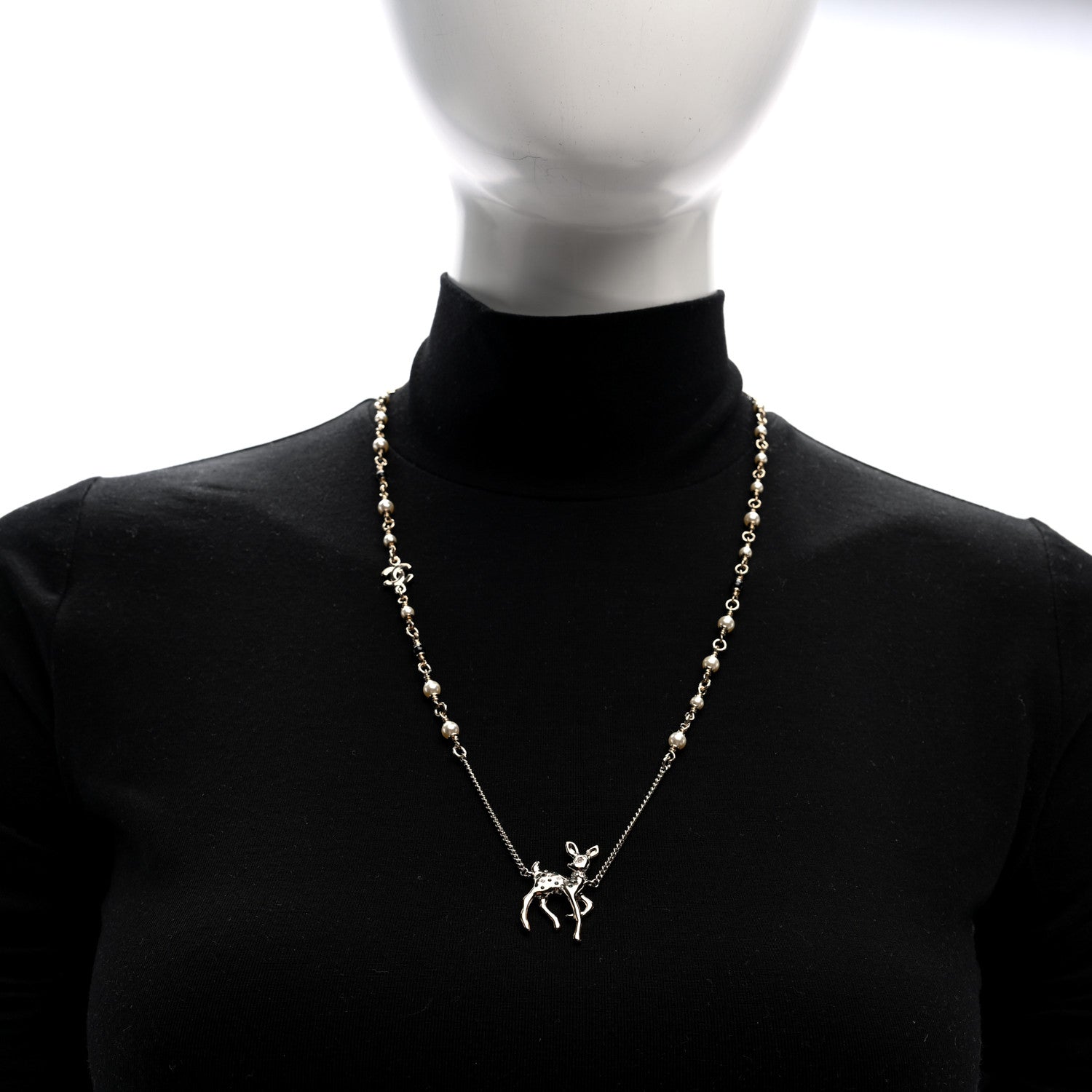 Pearl Crystal CC Deer Long Necklace Gold Green
