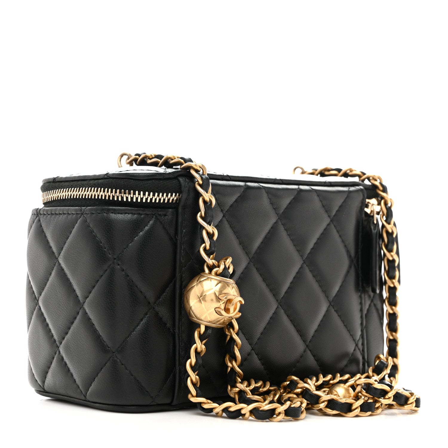 Lambskin Quilted Pearl Crush Small Vanity Case With Chain Black