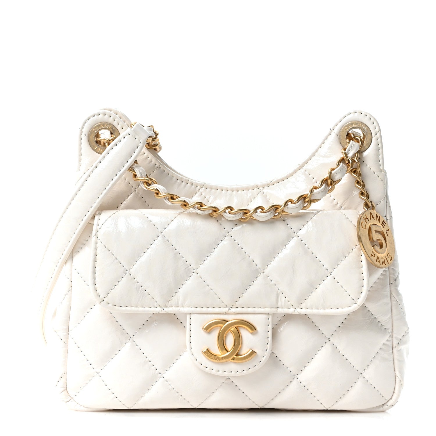Shiny Crumpled Calfskin Quilted Small Wavy CC Hobo White