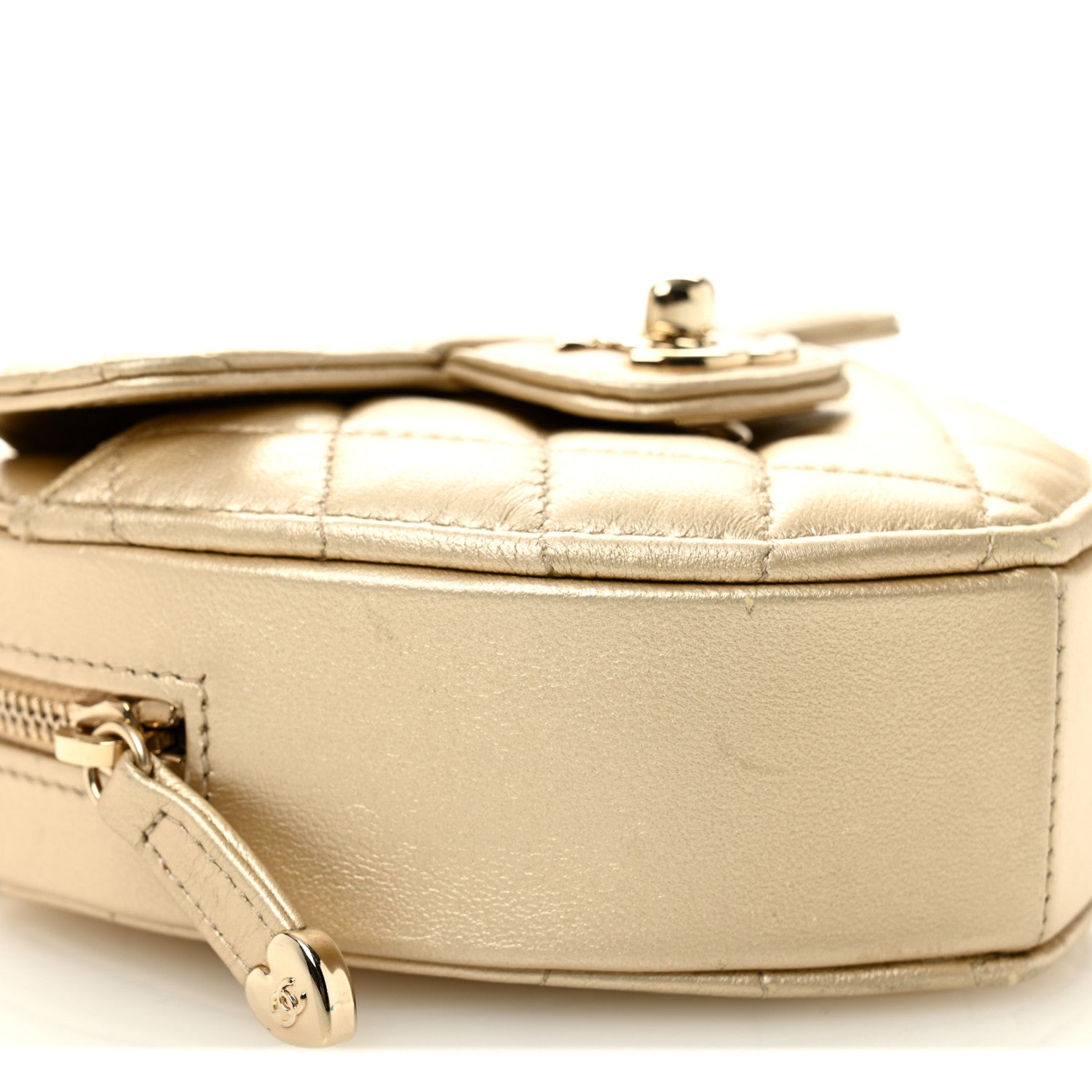 Metallic Lambskin Quilted CC In Love Heart Clutch With Chain Gold