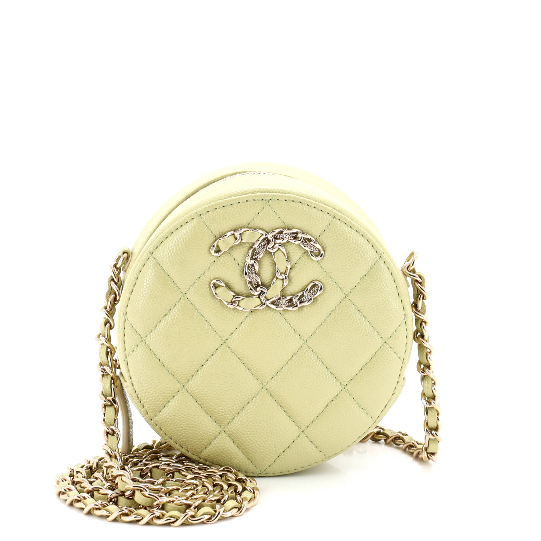 French New Wave Round Clutch with Chain Quilted Caviar