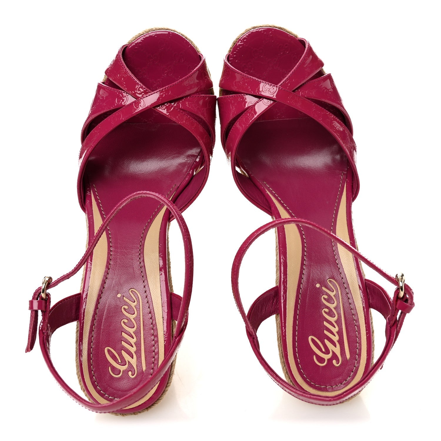 Patent Microguccissima Penelope Espadrille Wedge Sandals 37  Bright Bouganville