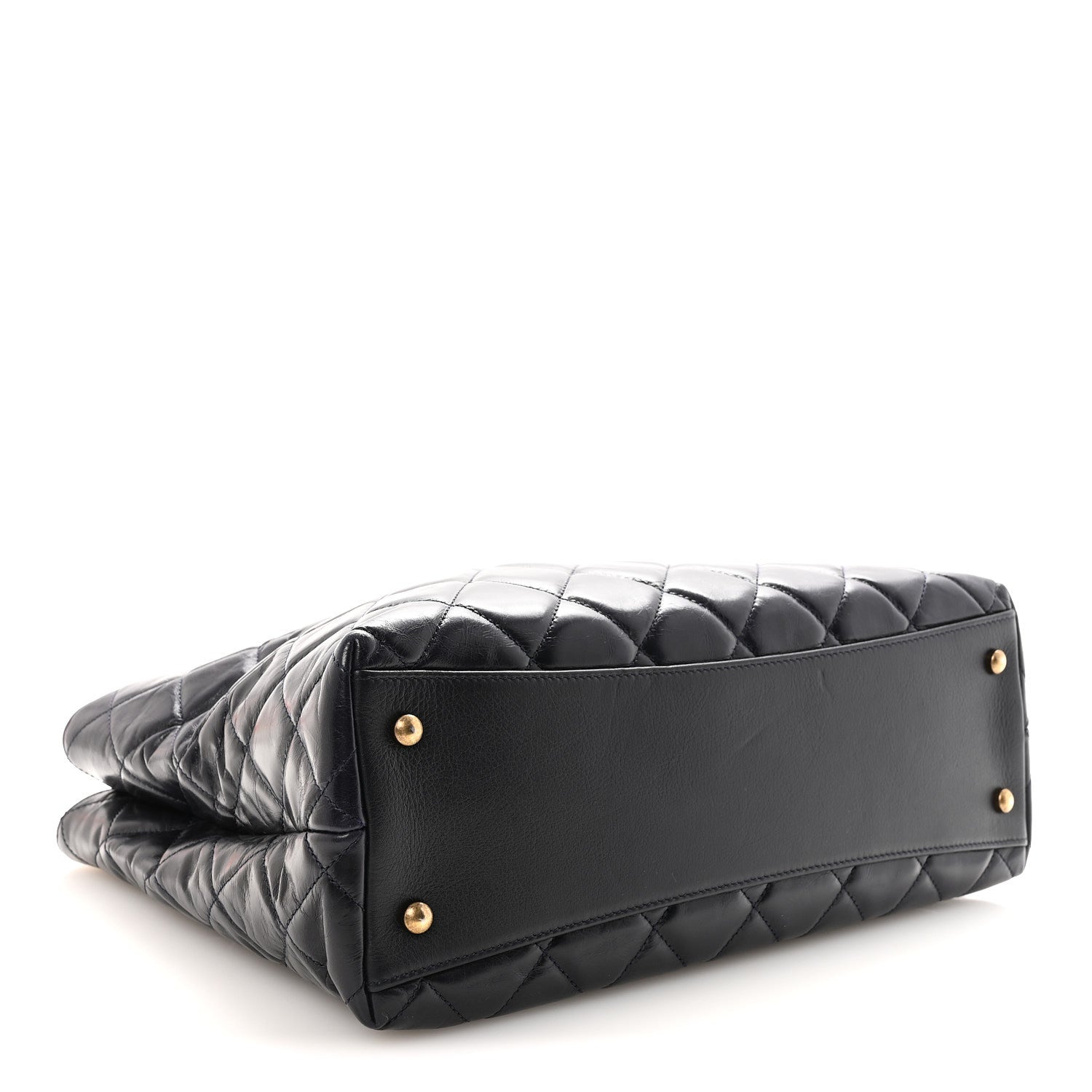 Glazed Calfskin Quilted Gold Bar Tote Dark Navy Blue
