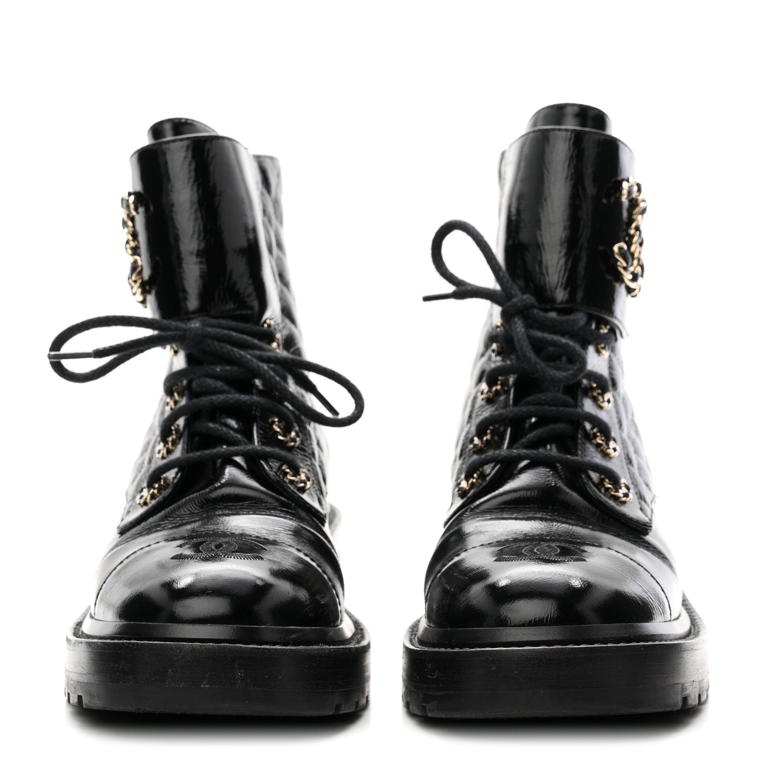Shiny Lambskin Quilted Lace Up Combat Boots 38 Black