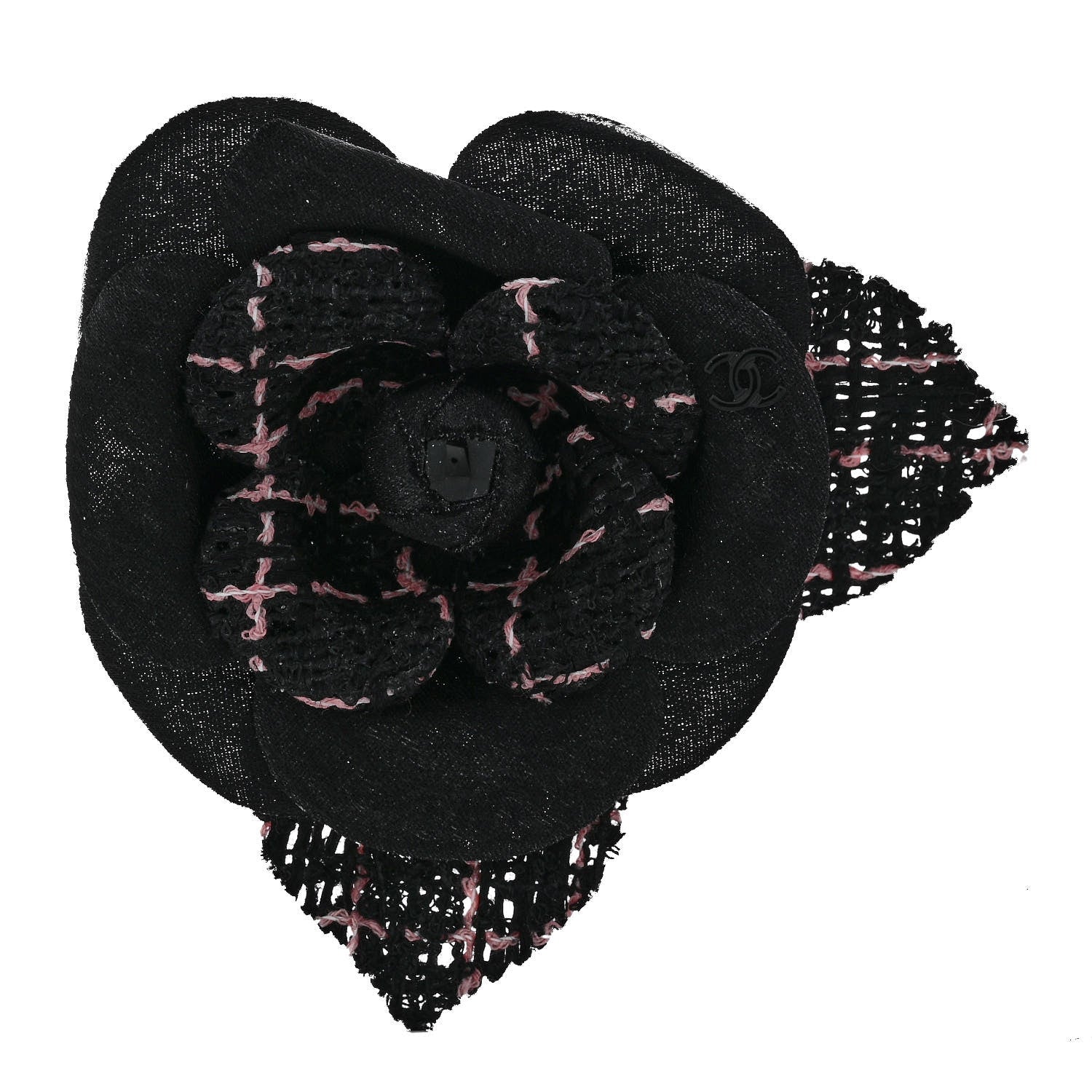 Tweed Fabric Camellia Pin Brooch Black Pink
