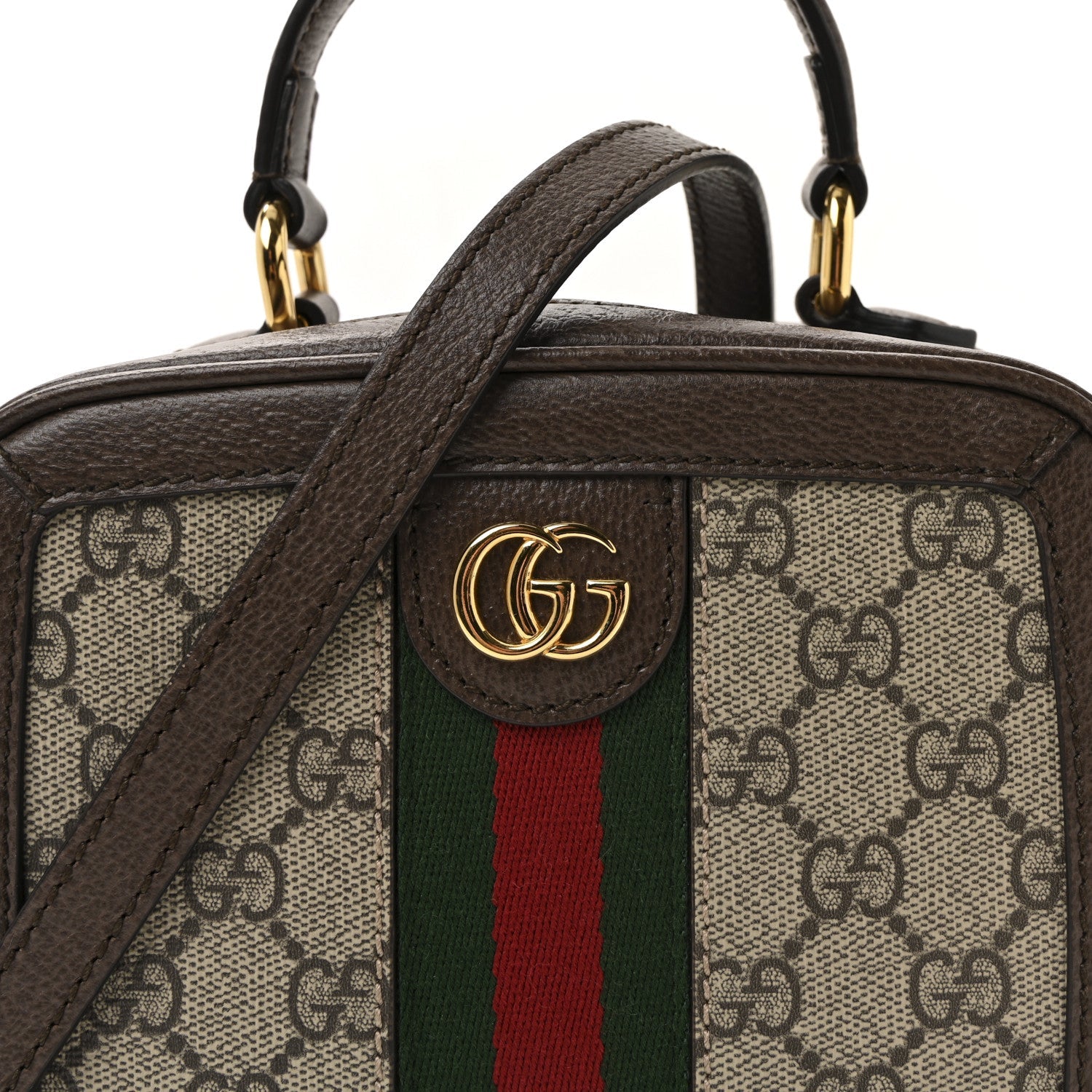 GG Supreme Monogram Textured Dollar Calfskin Mini Ophidia Top Handle Square Shoulder Bag Beige Ebony New Acero