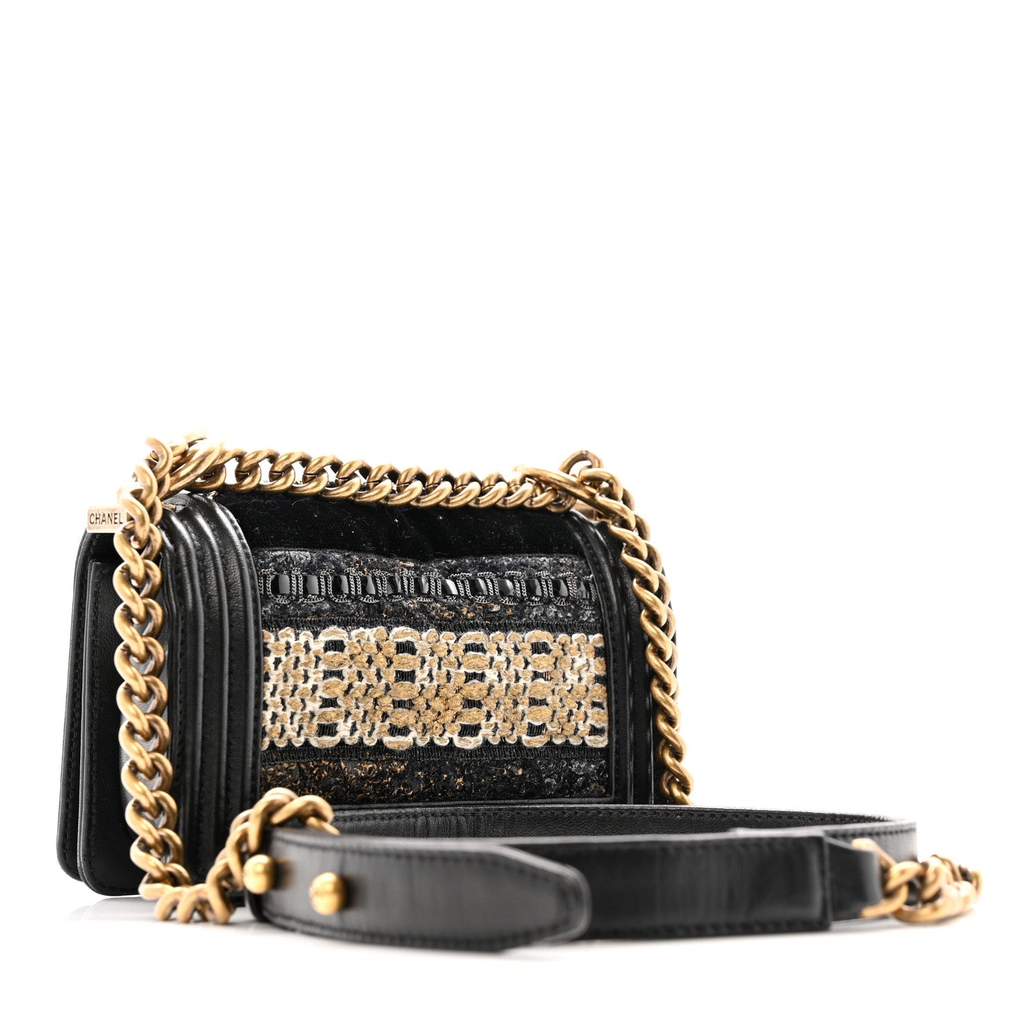Lambskin Metallic Tweed Embroidered Mini Boy Flap Black Gold Multicolor