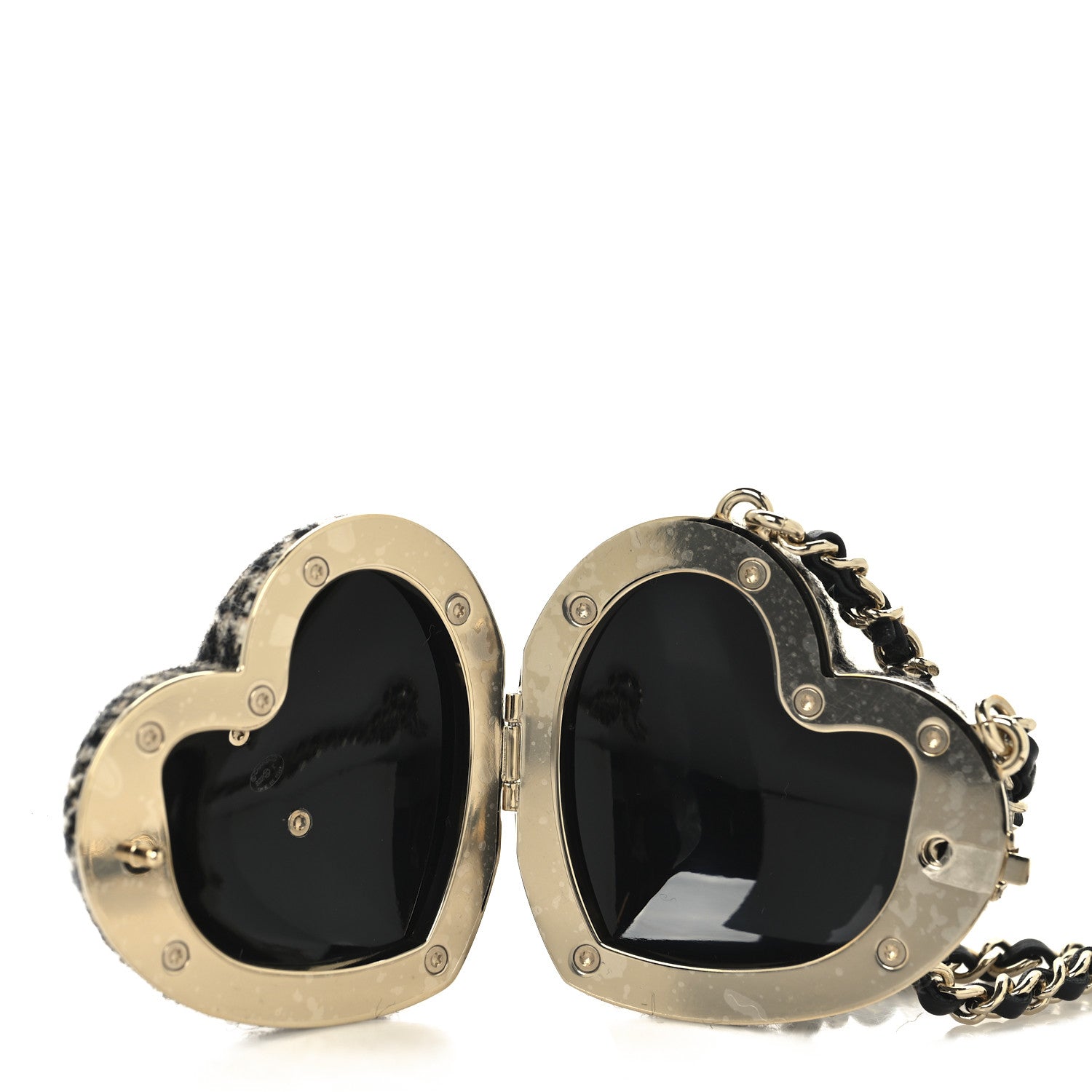Tweed Lambskin CC Heart Locket Necklace Gold Black Beige
