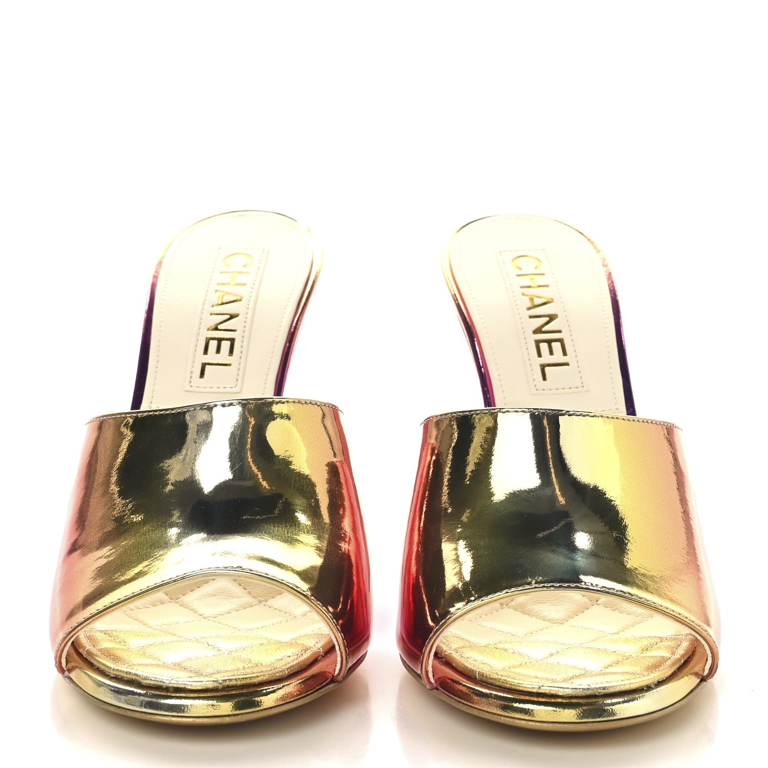 Laminated Calfskin Wedge Mules 38 Pink Orange Yellow